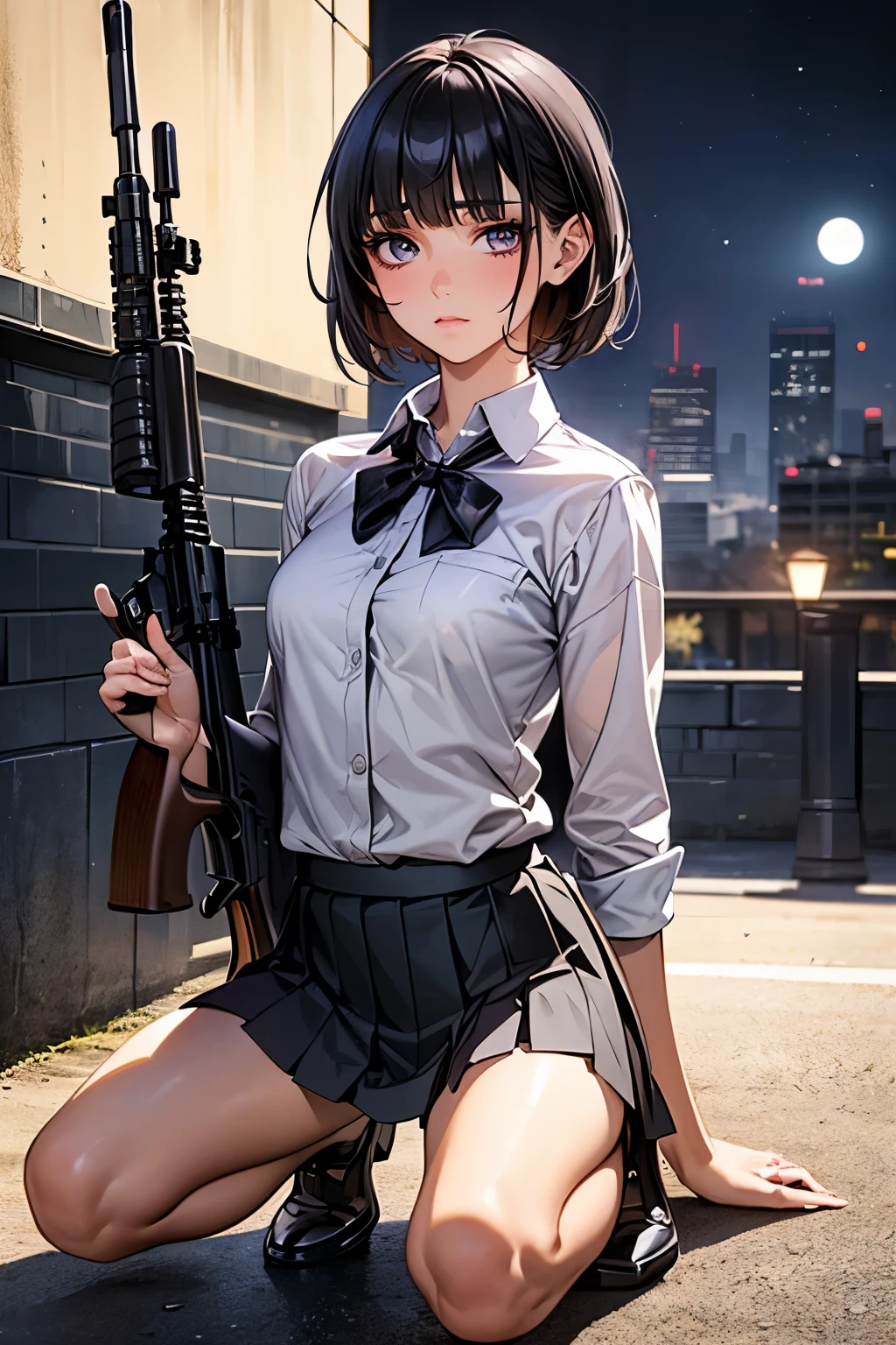 (((Woman firing an automatic rifle:1.5、excluding sight,A detailed depiction of an automatic rifle:1.7))),Synchronize your gaze and body direction、(((perfect anatomy:1.4,realistic:1.4,RAW Photography:1.4,masterpiece、highest quality、Ultra - High resolution、High resolution、Highly detailed CG、8K))),cowboy shot,1 female,solo、18 year old beauty,Japanese,((beautiful detailed face and eyes:1.3,big gorgeous eyes:1.3,gray eyes)),black hair,short bob hair,blunt bangs,blush,(medium breasts,slender body,small head:1.3,skinny),(gleaming skin:1.4,oily skin,shiny skin),(Female Soldier、White collared shirt、Pleated black mini skirt)、kneeling,High-rise building rooftop、at night、moonlight,