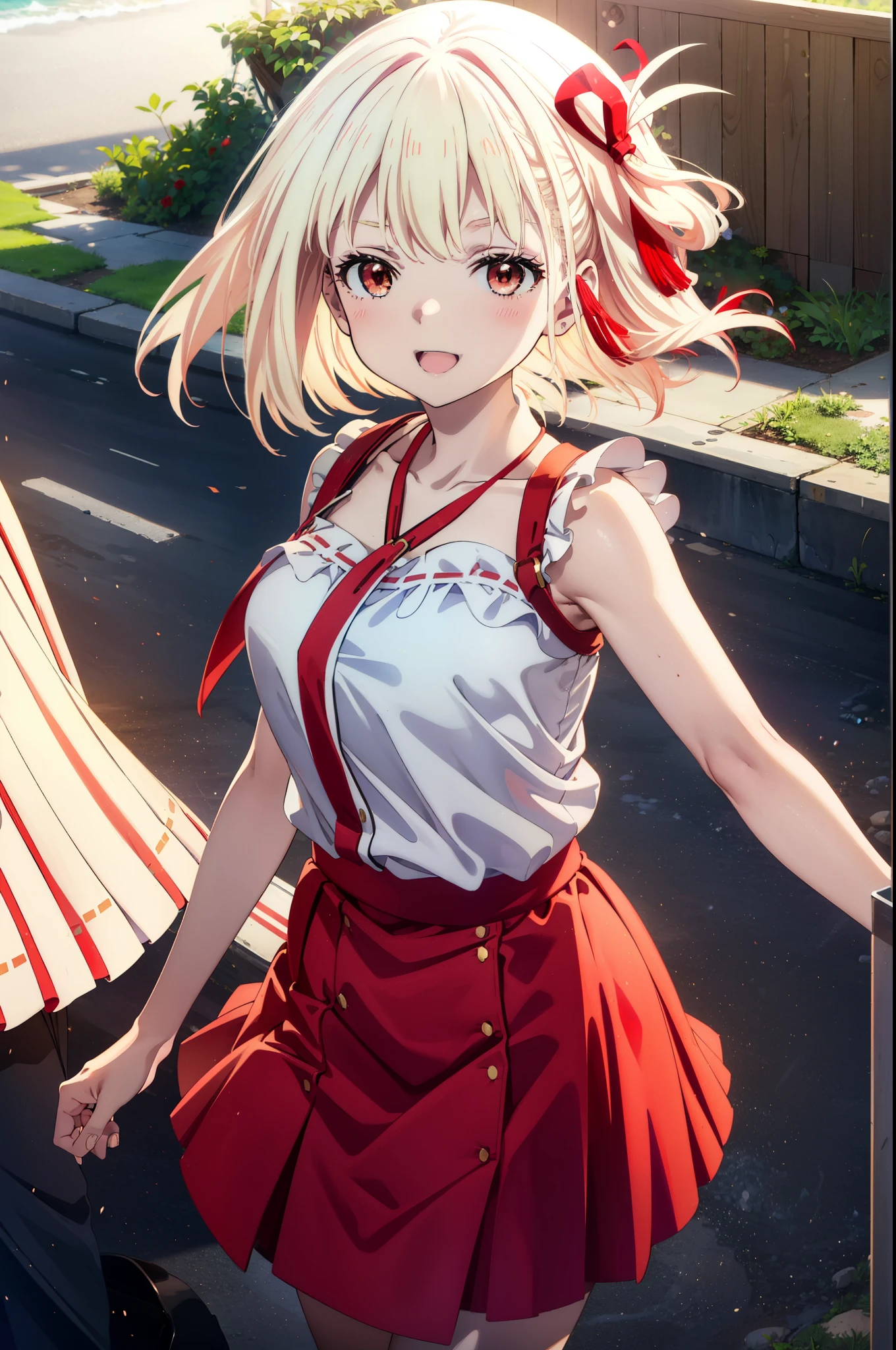 chisatonishikigi, Chisato Nishikigi, Long Hair, bangs, blonde, (Red eyes:1.5), Hair Ribbon, One side up,happy smile, smile, Open your mouth,smile,blush,Red sleeveless dress,White long skirt,Bare arms,Rocket Pendant,Cute Sandals,White Hat,real summer,sunny,It's as if your whole body is in the illustration., break outdoors, Coastal Road, break looking at viewer, (Cowboy Shot:1.5), break (masterpiece:1.2), highest quality, High resolution, unity 8k wallpaper, (shape:0.8), (Beautiful details:1.6), Highly detailed face, Perfect lighting, Highly detailed CG, (Perfect hands, Perfect Anatomy),