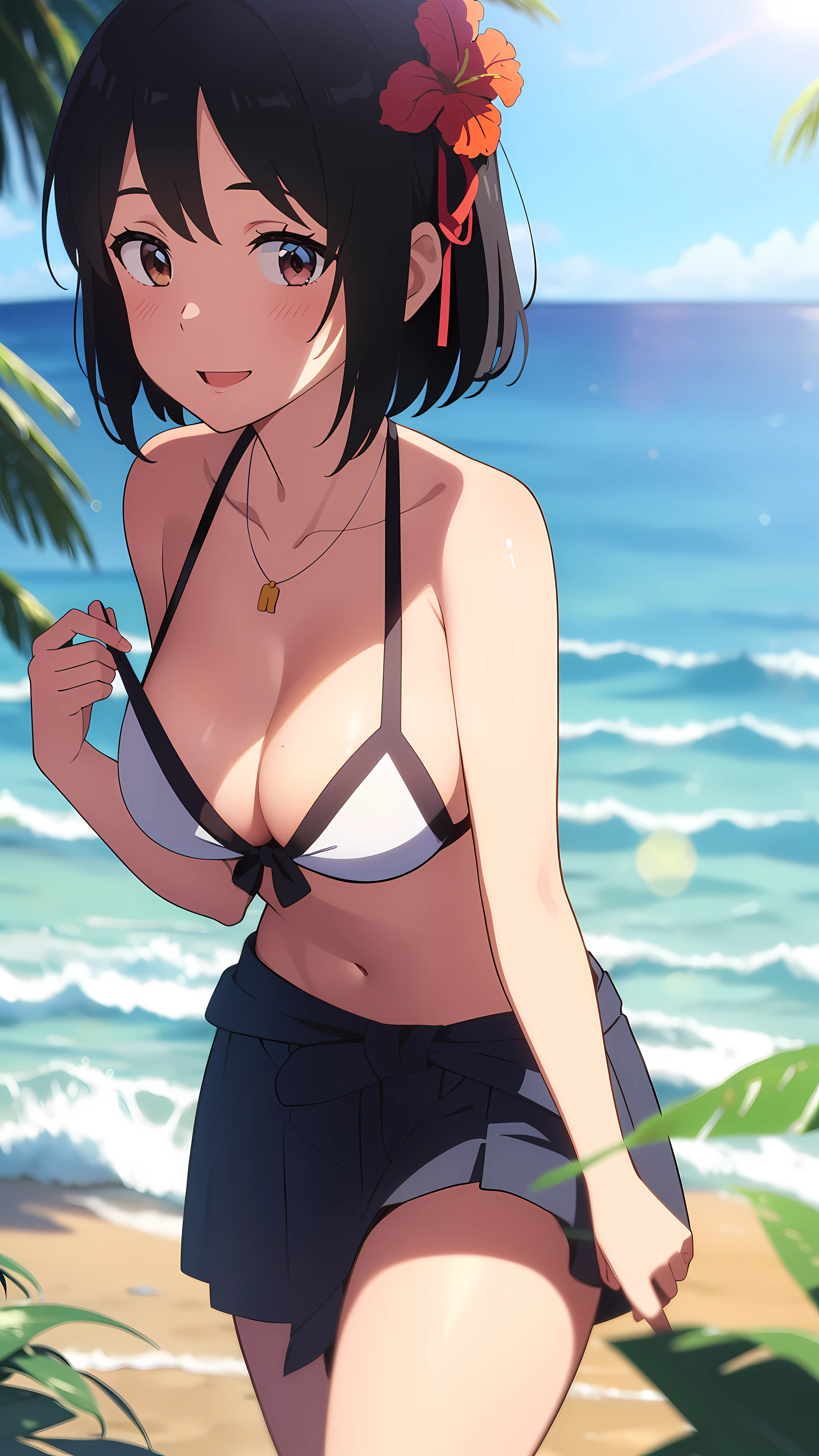 shinkai makoto, kimi no na wa., 1girl, miyamizu_mitsuha, bangs, black hair, brown eyes, headband, red headband, swimsuit, bikini, short hair, smile, solo, muse, open mouth, blush, looking at the viewer, blue sky, Tropical Beach, sand, ocean, palm, island, sun rays, splash, shadow, happy, cloud, sunrise, (((Super close-up shot looking back from the basement to emphasize cleavage while sleeping.))), Slightly thicker emphasis on the thighs, a micro bikini with a floral pattern on her chest, Emphasis on cleavage, sexy brown skin tone, Tahitian dancer, dance tahitian dance, areo(wear a skirt around the waist), seashell necklace around neck, hibiscus ornament in hair