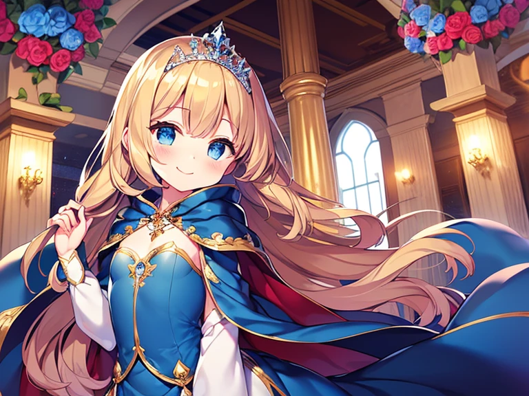 (kawaii),(best quality),(ultra detailed), upper body,(rococo style),(long train deep blue cape:1.15), very long cape,(long train deep blue ball gown with flower decorations:1.05), a girl is wearing a cape over her gown, 1  princess, tiara, smile, very long hair, small breasts