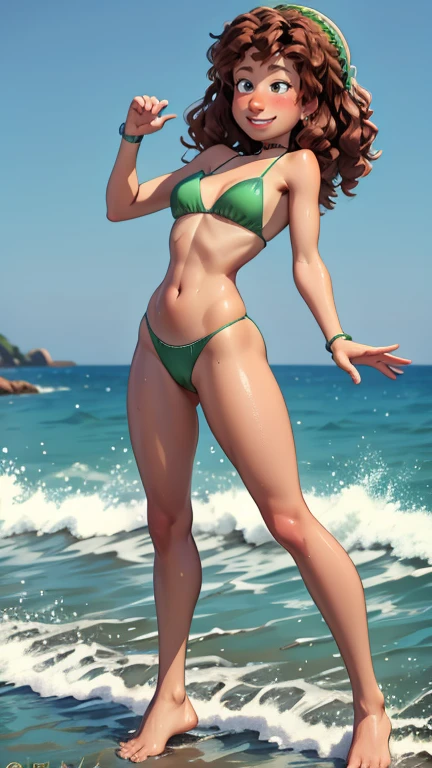 green bikini, brown curly hair, high quality, 8k, wet body, Wet hair, full length, you can see the head, visible legs, wide waist, smiling, Near the sea, legs spread, hands between legs, Braces, pixar style, вид behind, ass, back, behind