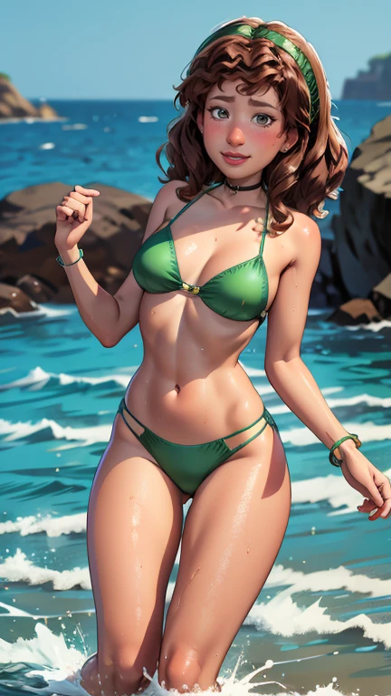 green bikini, brown curly hair, high quality, 8k, wet body, Wet hair, full length, you can see the head, visible legs, wide waist, smiling, Near the sea, legs spread, hands between legs, Braces, pixar style, вид behind, ass, back, behind