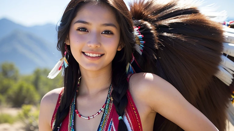Try it. Create a beautiful 18 year old native American woman with natural light cinematic on her back using her tribal attributes showing a sweet smile