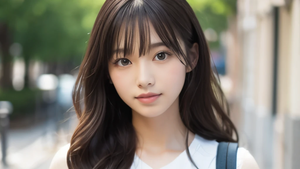 (Realistic: 1.4), (highest quality: 1.4), (Fine grain), Full body shot, ((Blur the background)), ((Looking to the side)), ((1 female college student)), Black wavy hair, ((Plain clothes with little exposure)), Wide eyes, Blushed face, ((smile)), ((Walking around town)), Highly detailed face and skin texture, Healthy Skin, 8k resolution