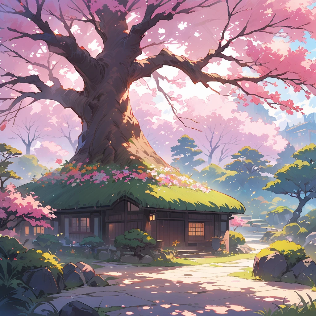 ((Tree house)), super wide shot, illustration, ((blue bonsai pot:1.4, green bonsai:1.1)),(mossy Japanese garden:1.2,(spring atmosphere) background peach color:1.4),((powerful bonsai with large spreading branches:1.3)), illuminated bonsai., cute  、blossom、(highest quality、masterpiece、High resolution、detailed)