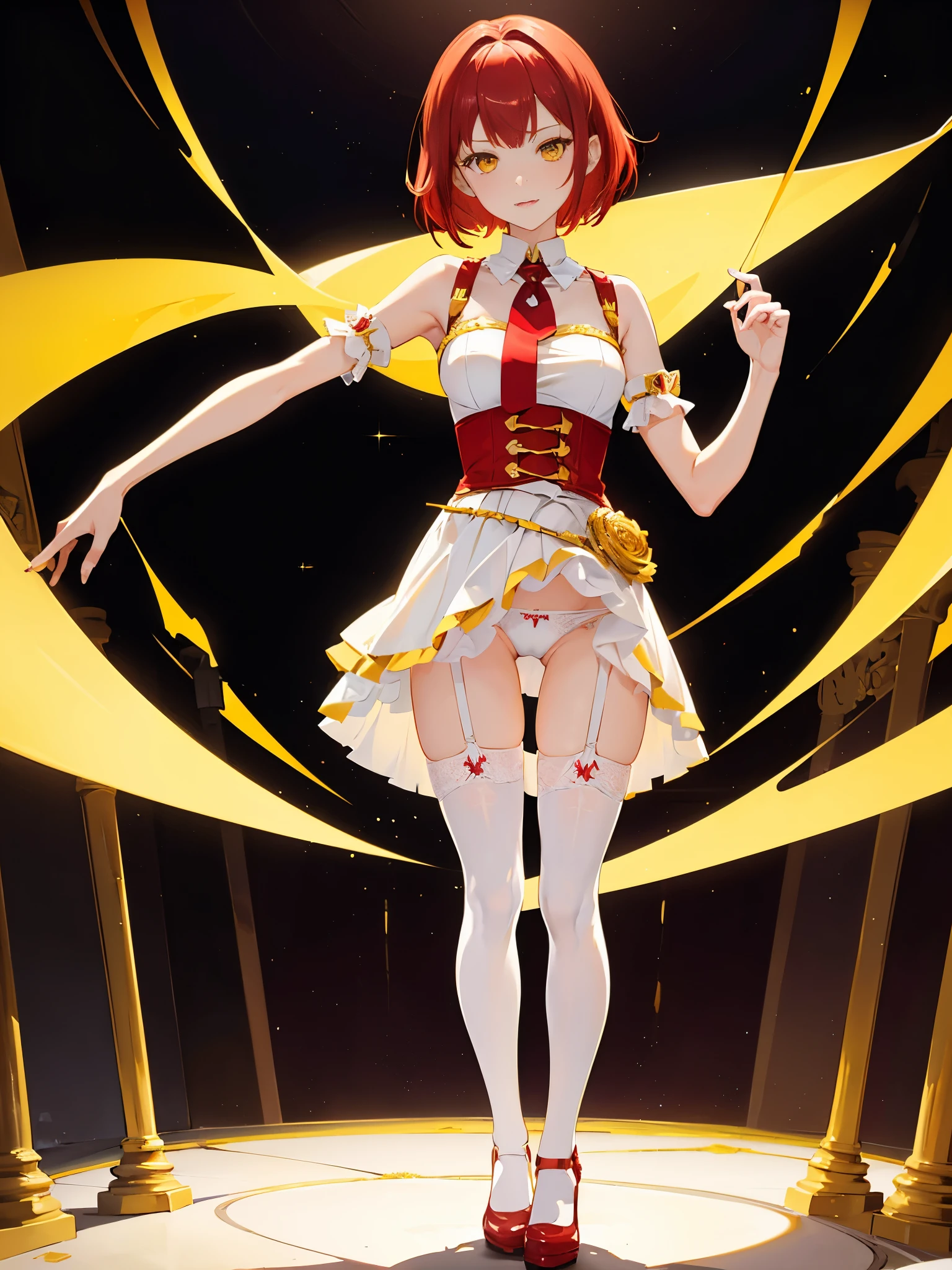 ((Full body)), (a girl), ((red hair)), ((yellow eyes)), ((short hair)), ((idol costume)), ((white stockings)), ((idol)), ((garter belt)), ((white panties)), ((upskirt))