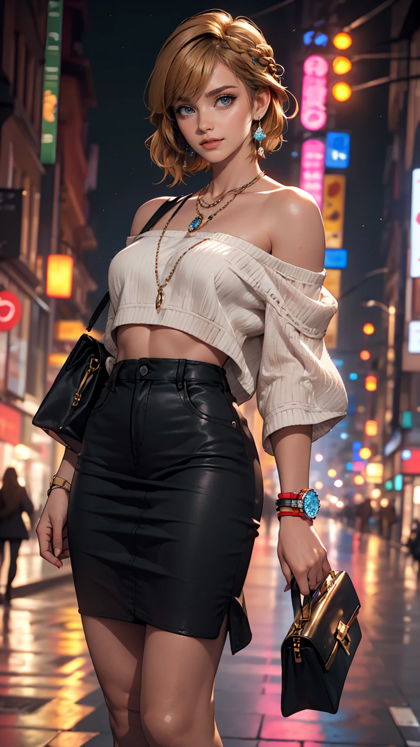 最high quality, 8K, masterpiece: 1.3, Ultra HD, high quality, 最high quality, High resolution, realism)) 、25-year-old Caucasian female、Brunette、blue eyes、long hair、smile、Body shape like a fashion model、I want my head to stay off screen、Wear accessories on your wrist、Wearing red nail polish、I have a peticure、Aerial perspective((atmospheric perspective))、smile((smiley))、Background blur((depth of field)、Wear a sheer, off-the-shoulder bodycon top、Wearing Sandals、have a clutch bag、Skyscraper background、Waiting for a traffic light at an intersection、Crystal Earrings((crystal earrings))、Inner Color((colored inner hair))、Dark Blonde、Bangs at the parting((parted bangs))、French style braid((french braid))