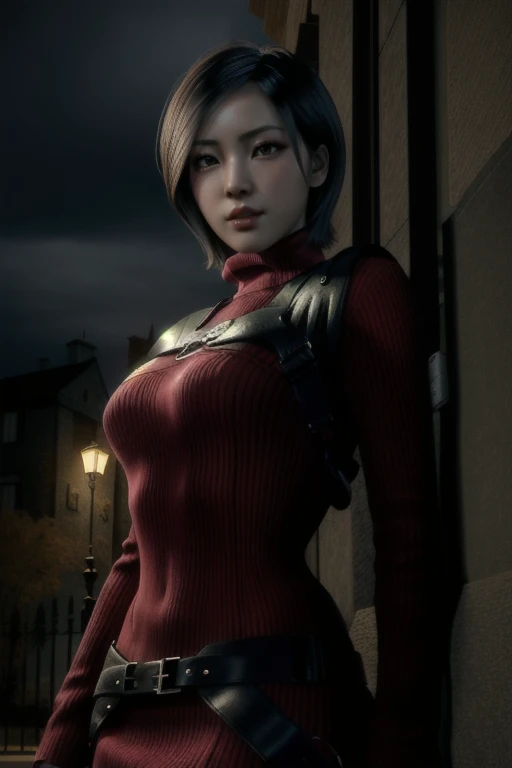(masterpiece, best quality:1.4), insaneres, absurdres, solo, looking at viewer,BREAK GAME_ResidentEvil4Remake_AdaWong_ownwaifu, 1girl, asian, black hair, short hair, brown eyes, lips, bangs, large breasts, red lips, makeup, lipstick, sweater, dress, gloves, holster, shoulder holster, black gloves, turtleneck, turtleneck sweater, sweater dress, ribbed sweater, long sleeves, harness, belt, red sweater, red dress, (contrapposto, hand on hip), night time, sidelighting, outdoors, depth of field, posing