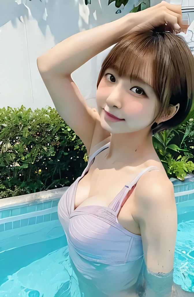 ((highest quality)), ((masterpiece)), (detailed),naked、(Panties are slightly visible),Upper body in underwear、(Upper body in underwear小さい胸) ,Perfect Face,pretty girl、short hair、Black Hair、Japanese idol girls,,smile、Embarrassed face,Place your arms behind your backに引く、whole body(Draw the upper thigh)、Pool ,Place your arms behind your back