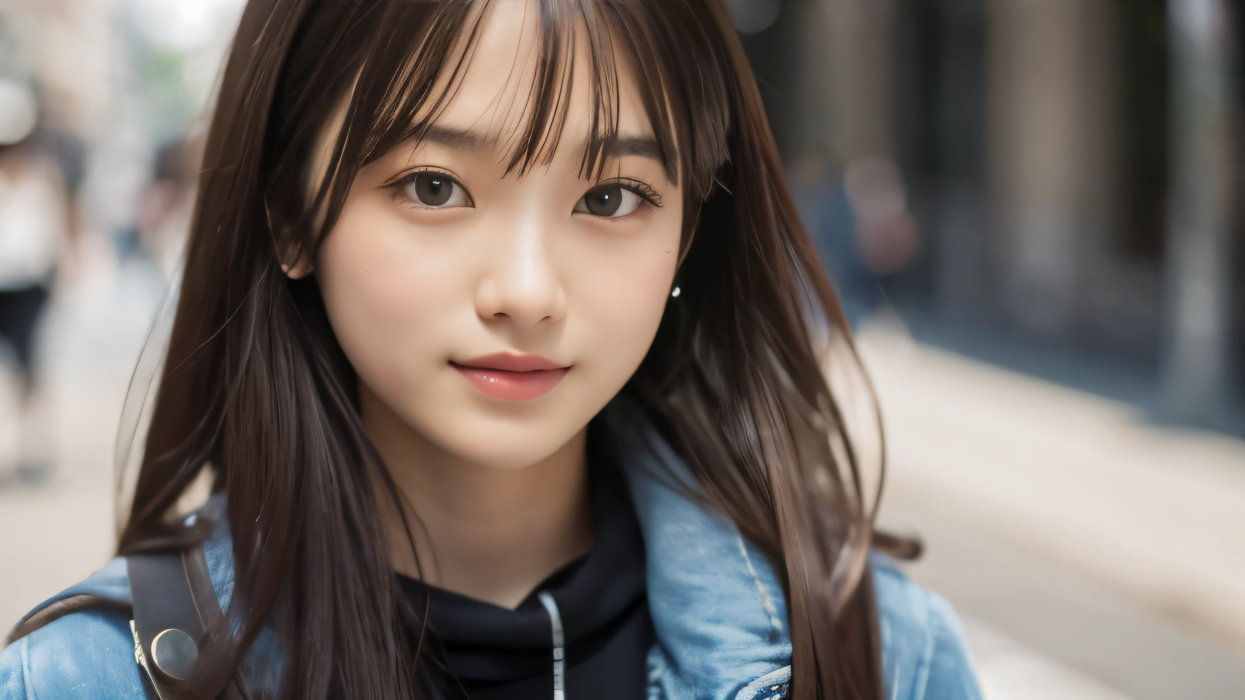 (Realistic: 1.4), (highest quality: 1.4), (Fine grain), Full body shot, ((Blur the background)), ((Looking to the side)), ((1 female college student)), Black wavy hair, ((Plain clothes with little exposure)), Wide eyes, Blushed face, ((smile)), ((Walking around town)), Highly detailed face and skin texture, Healthy Skin, 8k resolution