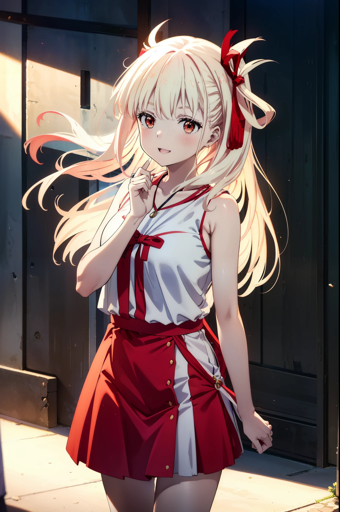 chisatonishikigi, Chisato Nishikigi, Long Hair, bangs, blonde, (Red eyes:1.5), Hair Ribbon, One side up,happy smile, smile, Open your mouth,smile,blush,Red sleeveless dress,White long skirt,Bare arms,Rocket Pendant,Cute Sandals,White Hat,real summer,sunny,It&#39;s as if your whole body is in the illustration., break outdoors, Coastal Road, break looking at viewer, (Cowboy Shot:1.5), break (masterpiece:1.2), highest quality, High resolution, unity 8k wallpaper, (shape:0.8), (Beautiful details:1.6), Highly detailed face, Perfect lighting, Highly detailed CG, (Perfect hands, Perfect Anatomy),