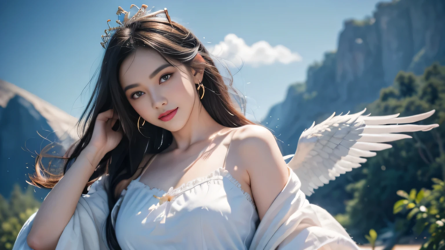 black hair, hair bobbles, wince, longeyelashes, solid circle eyes, light smile, ear blush, fang, Surrealism, drop shadow, anaglyph, stereogram, tachi-e, pov, atmospheric perspective, 8k, super detail, ccurate, best quality.masterpiece, best quality, (Extremely detailed CG Unity 8K wallpaper), (best quality), (Best Illustration), (The best shadow), absurd, Realistic lighting, (abyss), Beautiful and delicate light, Artworks by Peter Mohr Bacher,（White wings1.3）。An angel girl，Fly in the clouds，White Cloud，White Cloud，Blue sky。Blue sky。Blue sky。（White papal robe1.3），（Golden Wings 1.3），Wearing a crown on the head，
