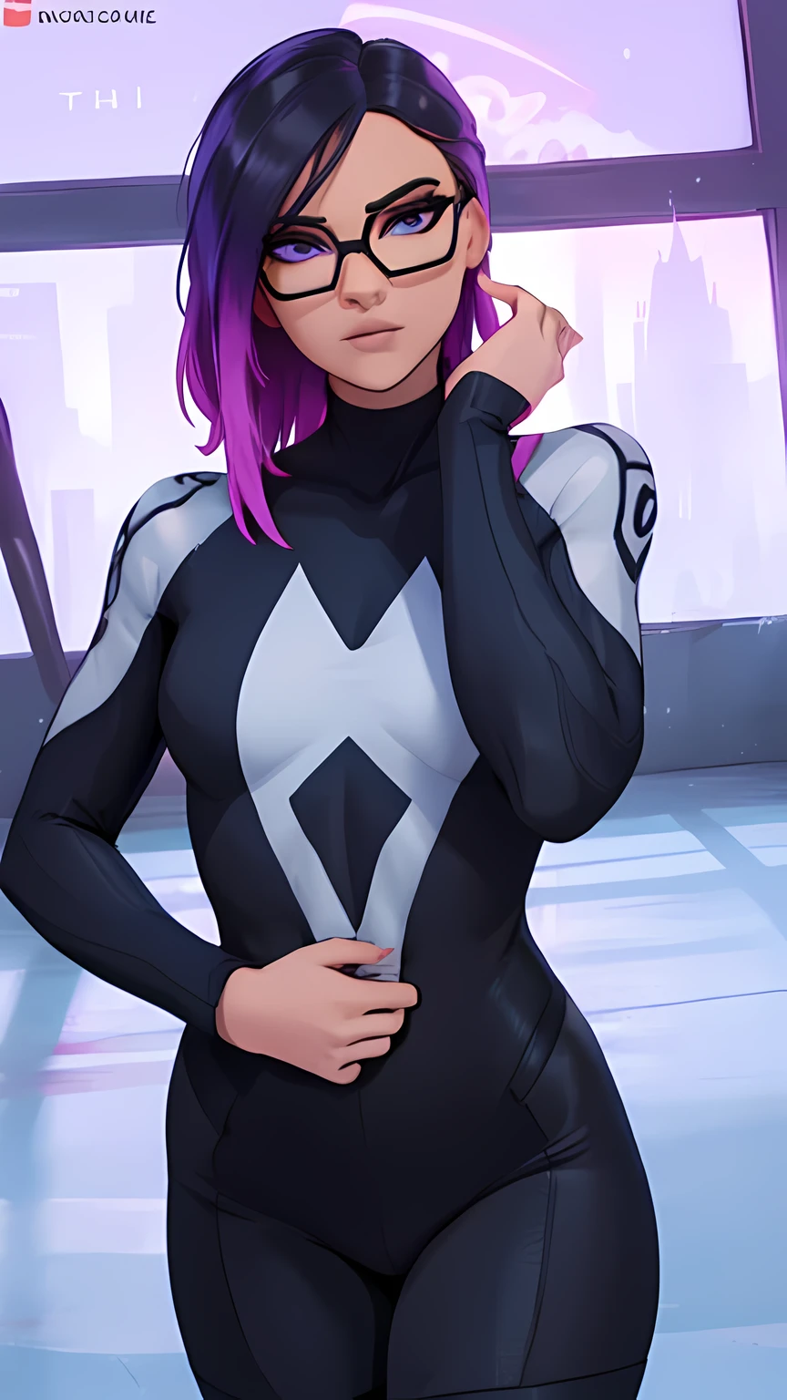 lince, gafas, chaqueta , traje de spider Gwen ,Extremadamente detallado, rostro detallado, gafas ,hermoso rostro, ojos finos, mirando al espectador, pose femenino, Noche 