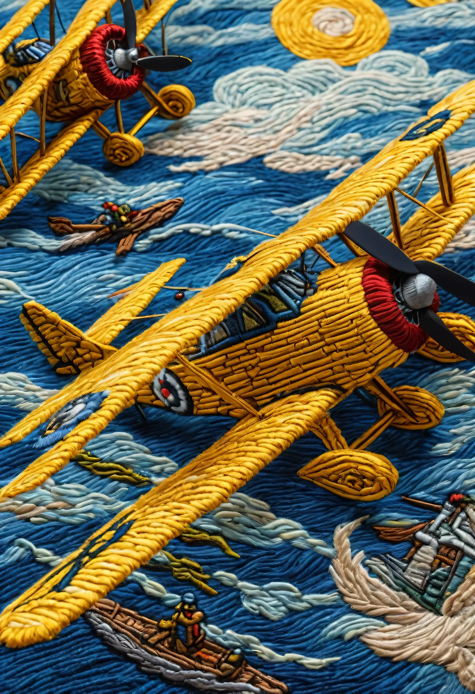 van gogh, Flying fighters, (3d framed embroidery, Macro detail stitching), Wheels within wheels, (best quality, masterpiece, representative work, official art, professional, Unity 8K wallpaper:1.3)