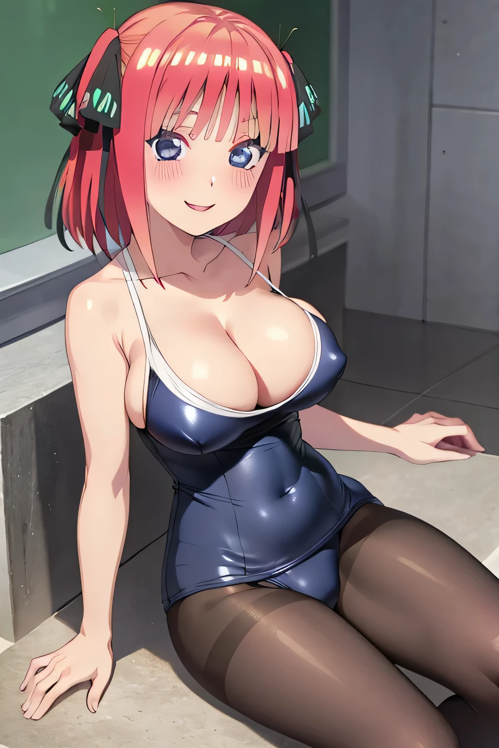 best quality, ultra-detailed masterpiece, anime art style, cute characters, nino nakano, one-piece swimsuit, large breasts, pantyhose, blush, smile