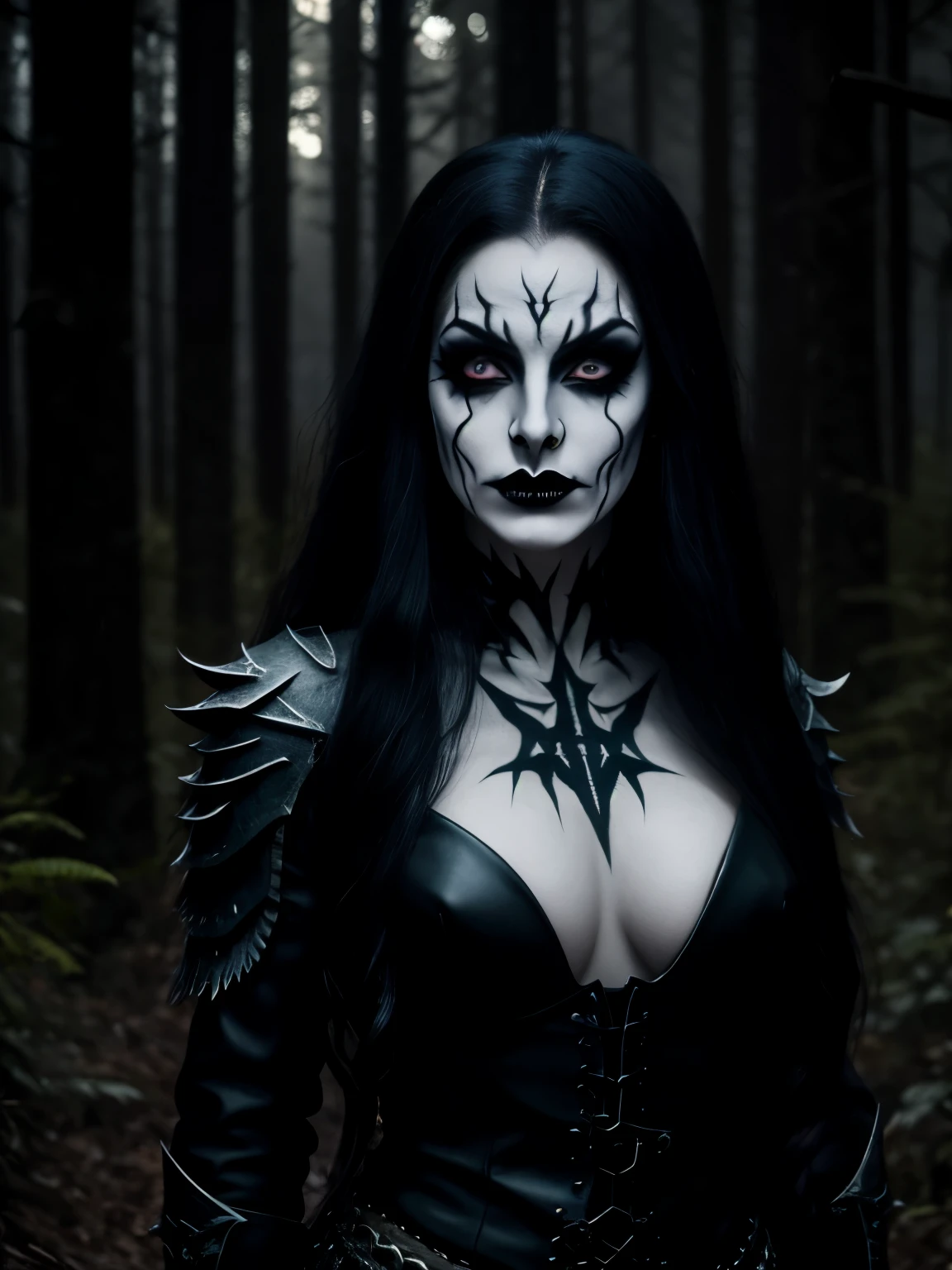 (masterpiece, best quality:1.2),  solo, highres, best quality, Half body shot of a pale white skin woman with (((black metal make-up))) in a dark forest, forest at night, horror movie. high details, super detail, textured skin, masterpiece, UHD, 4K, 8k. ((Cinematic lighting)).