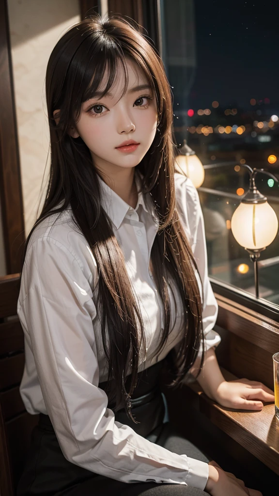 Time is night。sit by a window in a restaurant、Beautiful woman looking at the view outside the window。20-year-old。Dark brown hair。Outside the window you can see the suburban scenery.。That woman is a bit 。Close-up image of upper body。