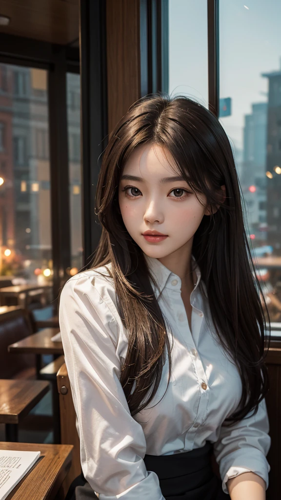 Time is night。sit by a window in a restaurant、Beautiful woman looking at the view outside the window。20-year-old。Dark brown hair。Outside the window you can see the suburban scenery.。That woman is a bit 。Close-up image of upper body。