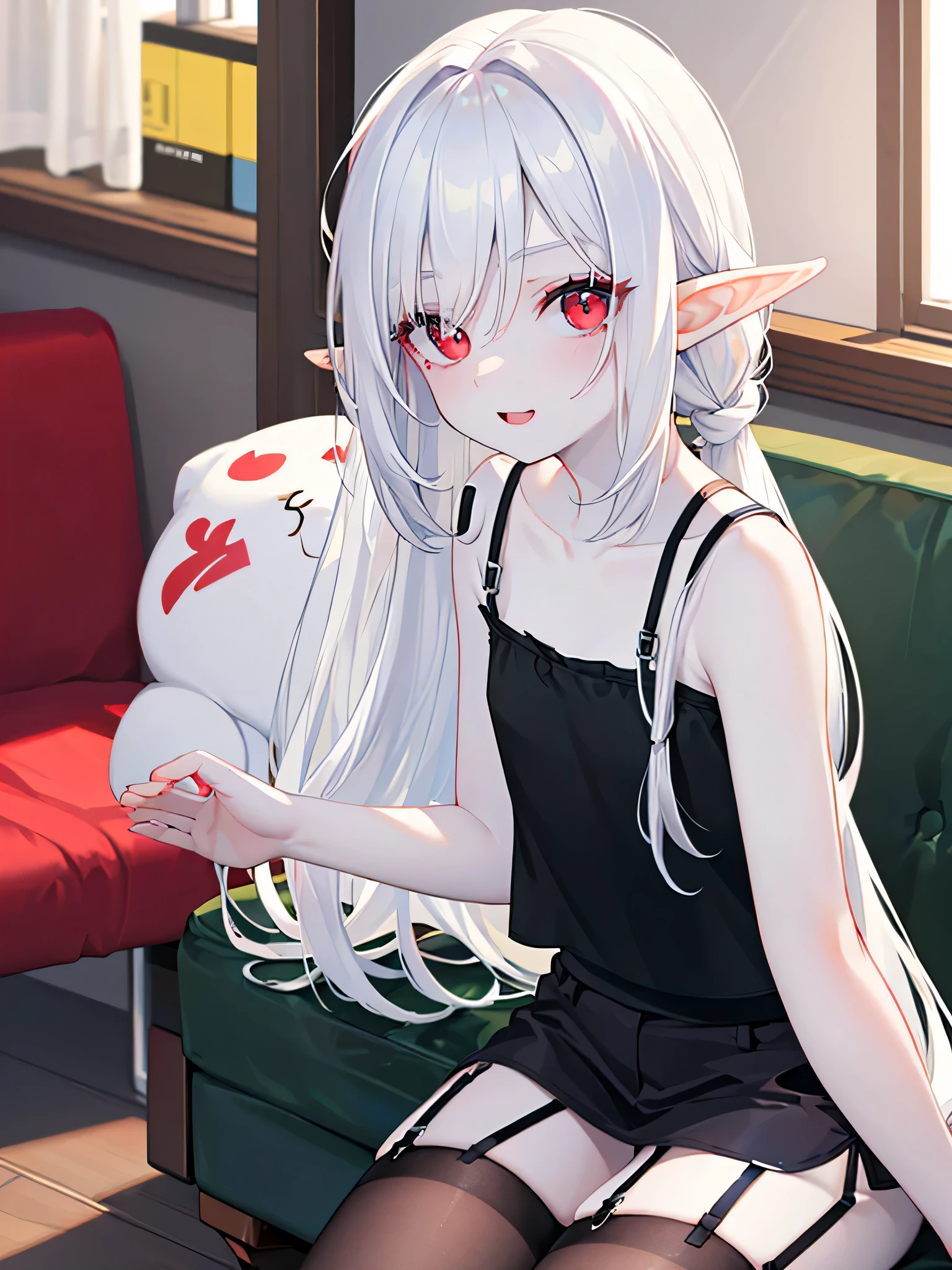 :o, sweating, close upmasterpiece,best quality,8k wallpaper,1 girl,solo,
flat chest,light smile, intricate white hair,red eyes,squinting eyes,empty eyes,no pupils,
eyelashes,red eye liner,long hair,dynamic angle,elf ears, Braid catsuit, black stockings, (black camisole:1.5), (white skirt:1.4), (white skin:1.5), medical office, little smile, little angry, skinny,