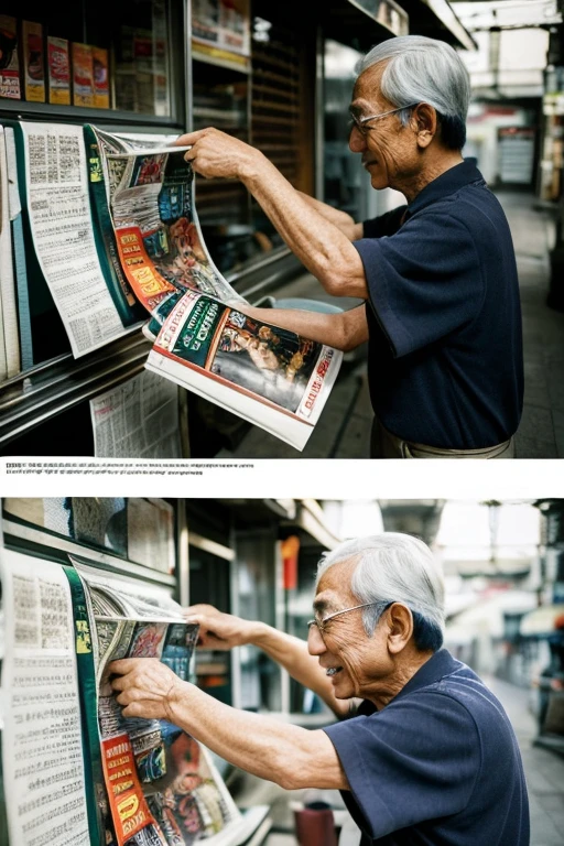 A 70-year-old Japanese man working on inserting advertisements into a newspaper