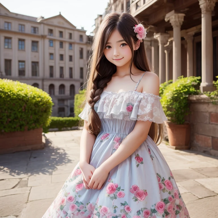 （Loose and fluffy long hair braids，）（beautiful girl，）（Floral Dress，）（Western-style building，）（rose，）（Delicate eyes，）（Delicate fingers，）（highest quality，）（highest quality，）Realistic images、Realistic、-yeld giWith a smile