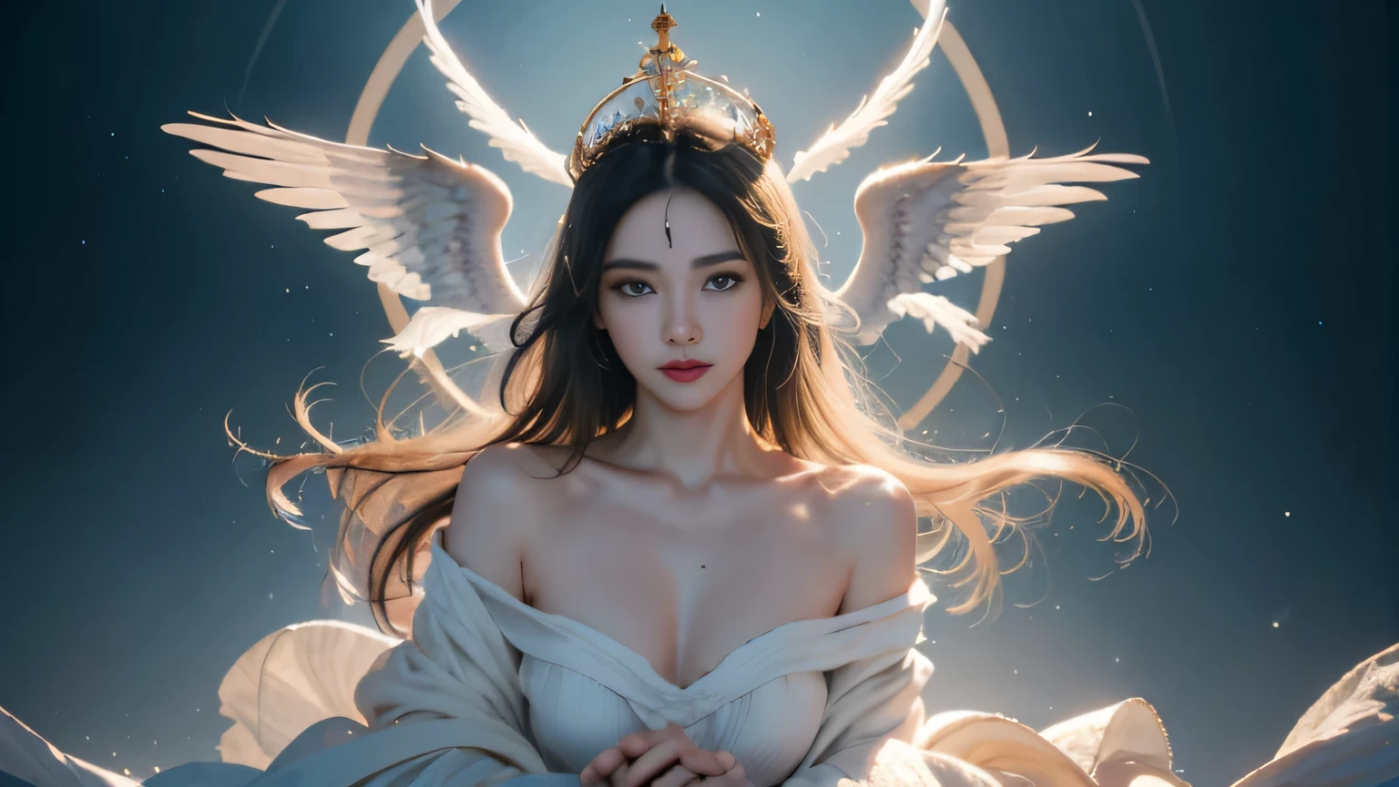 Black Hair, Hair shaking, victory, Long eyelashes, Solid round eye, A faint smile, ears red, direction, Surrealism, shadow, Relief, Stereogram, Standing picture, Throw, Atmospheric perspective, 8K, Super Detail, precise, best quality.masterpiece, best quality, (Extremely detailed CG unity 8k wallpaper), (best quality), (Best Illustration), (The best shadow), absurd, Realistic lighting, (abyss), Beautiful and delicate light, Peter Moore (Peter Mohr Bacher) Artworks,(White Wings 1.3)。Angel Girl,Flying to the clouds,White Cloud,White Cloud,Blue sky。Blue sky。Blue sky。(White papal robe1.3),(Golden Wings 1.3),Wearing a crown on his head,