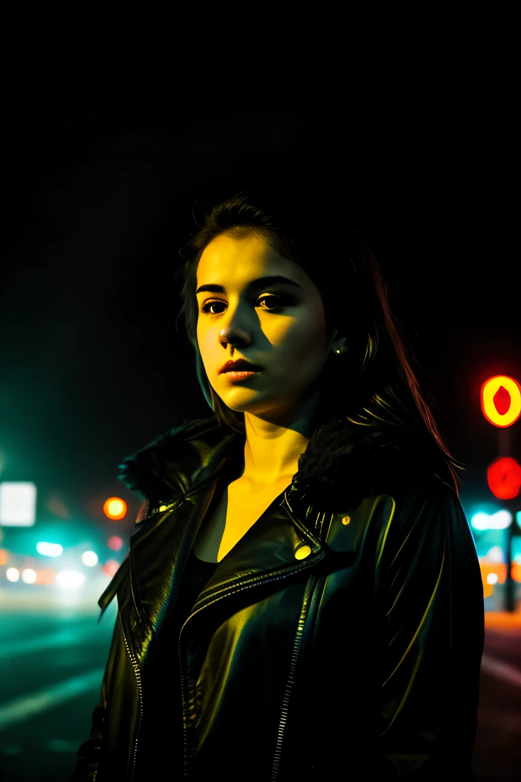city street, neon, fog, volumetric, closeup portrait photo of young woman in dark clothes