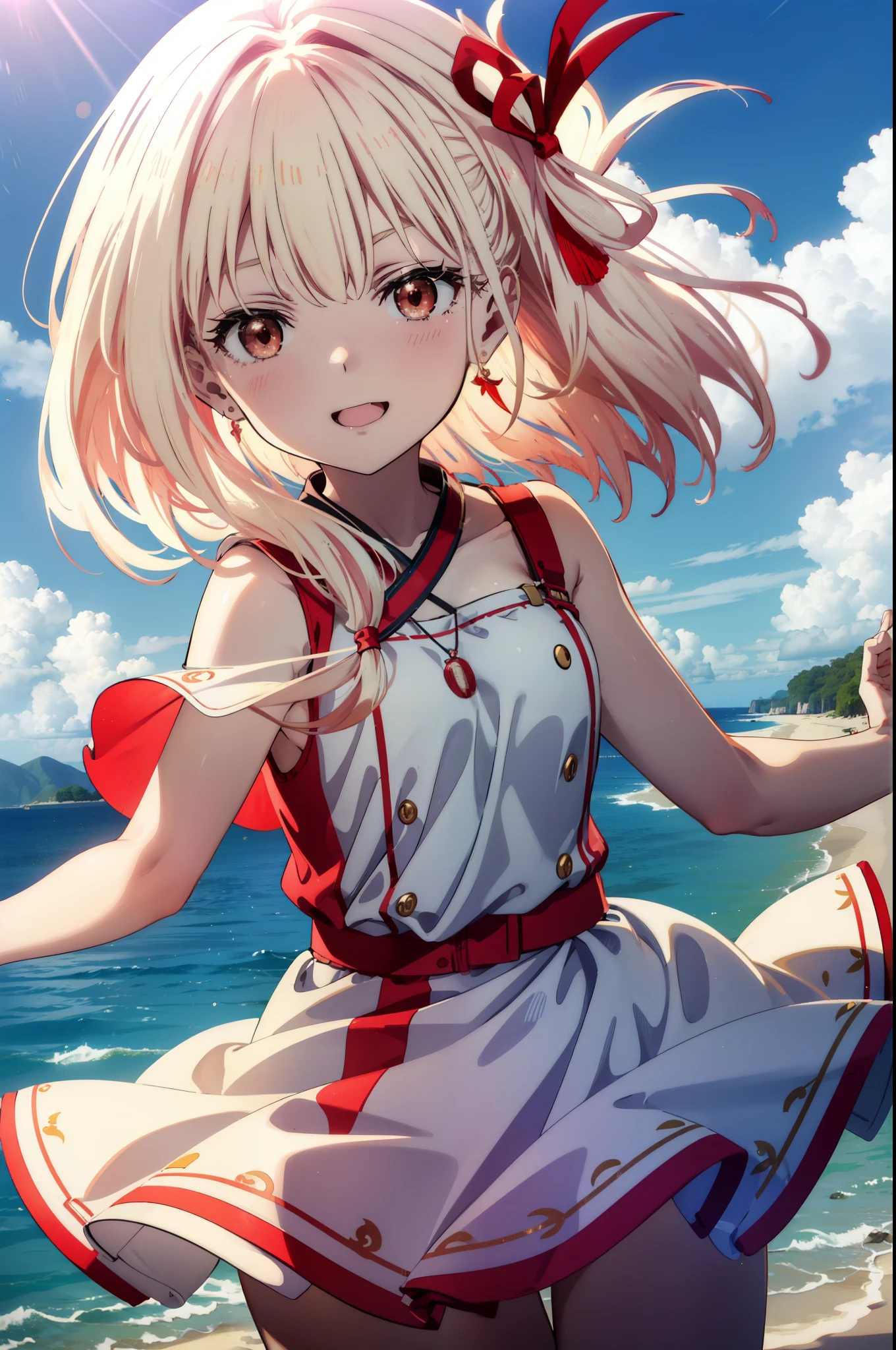 chisatonishikigi, Chisato Nishikigi, Long Hair, bangs, blonde, White hat(Red eyes:1.5), Hair Ribbon, One side up,happy smile, smile, Open your mouth,smile,blush,Red sleeveless dress,White long skirt,Bare arms,Rocket Pendant,Cute Sandals,real summer,sunny,It's as if your whole body is in the illustration., break outdoors, Coastal Road, break looking at viewer, (Cowboy Shot:1.5), break (masterpiece:1.2), highest quality, High resolution, unity 8k wallpaper, (shape:0.8), (Beautiful details:1.6), Highly detailed face, Perfect lighting, Highly detailed CG, (Perfect hands, Perfect Anatomy),