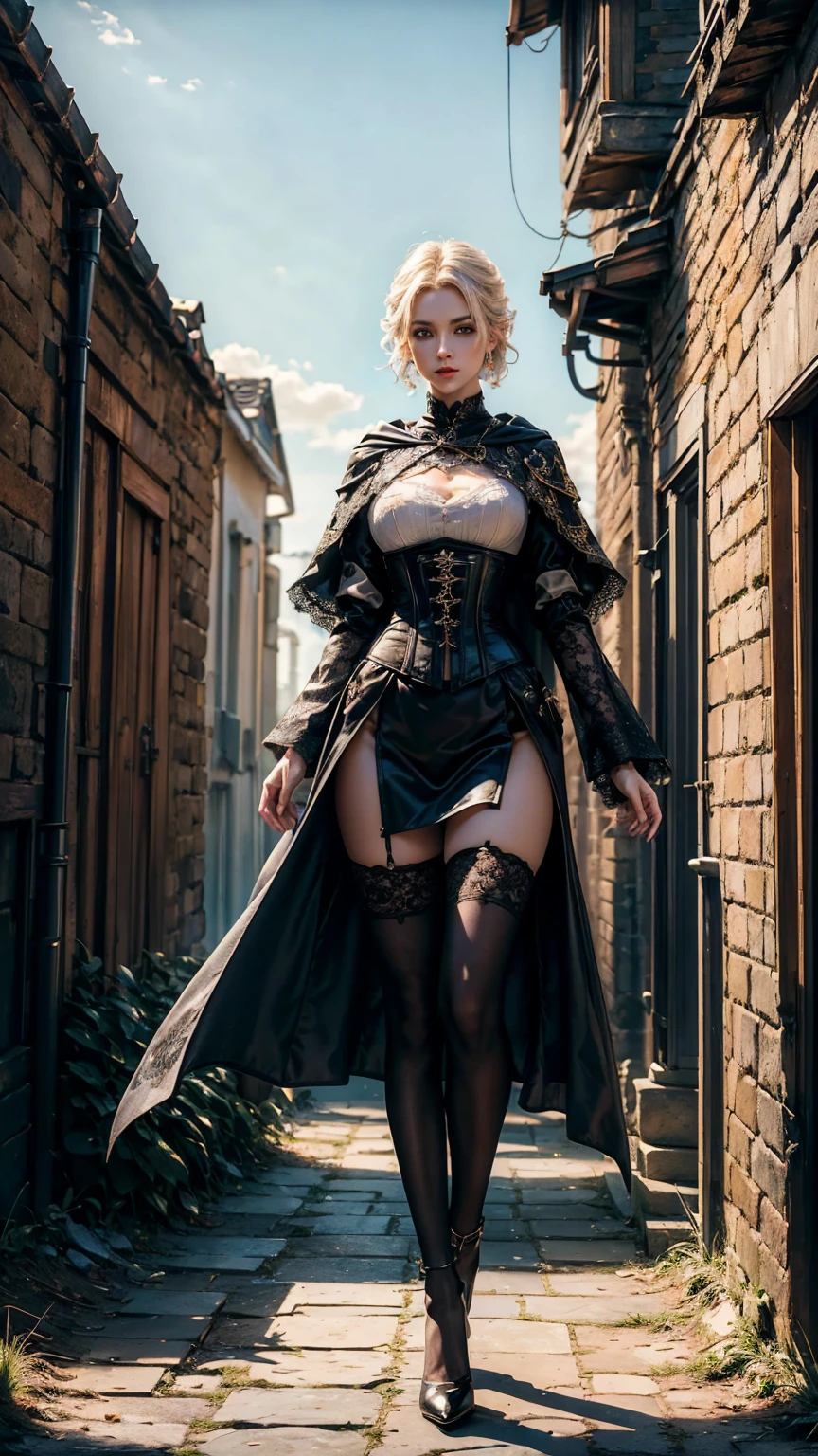 ((show full body from head to toe, standing, body facing to the viewer (show front body)). Pale skin, Tall body, fit body, slender body, medium breast. A female wizard wearing colorful clothes, long sleeves(lace sleeves), skirts, corset, cloak, robes, cape, gloves, stockings, show heels. short hair with updo. Masterpiece:1.5, illustration:1.1, best quality:1.5, fine detail, perfect detail, 4k, HDR, balance focused camera view, centered camera view, middle camera view, vertical scape camera, natural lighting, bright lighting, sunlight, daylight, sharp focus, smooth detail, HDR, big resolution. Outdoor, bright sky.