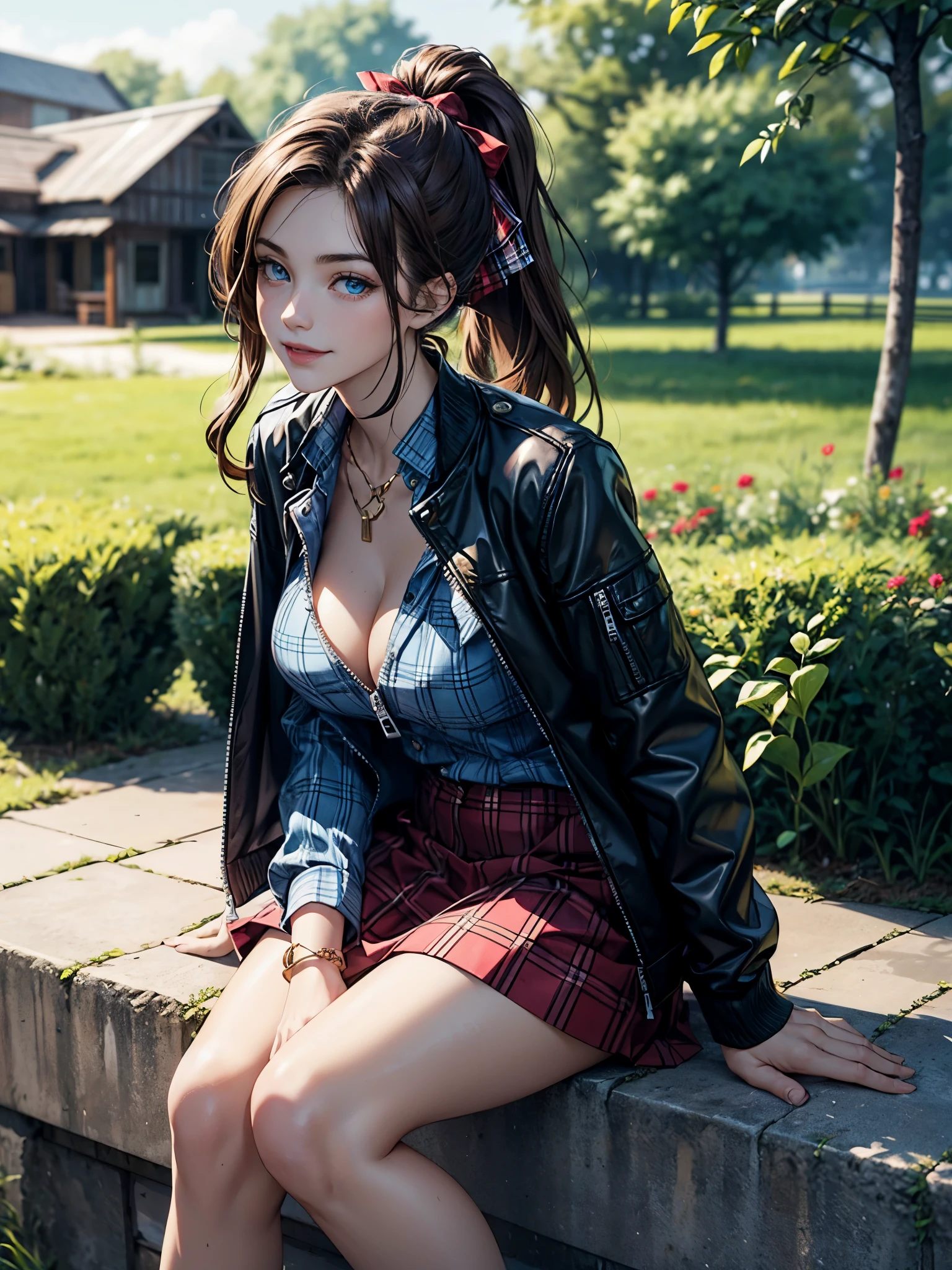 1girl, full body, solo, village, trees, flowers, brown hair, long hair, curly hair, ponytail, large breasts, button down shirt, ((worn out shirt)), blue eyes, ((blue checked shirt)), ((unbuttoned shirt)), cleavage 1:3, ((opened brown zipper jacket)), leather jacket, ((red black skirt)), smile, looking at the viewer, touching neck, standng, hair ribbon, golden necklate