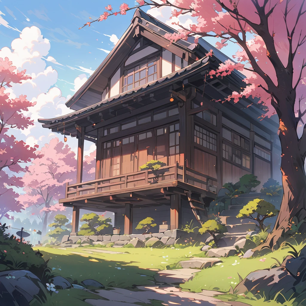 ((Tree house)), super wide shot, illustration, ((blue bonsai pot:1.4, green bonsai:1.1)),(mossy Japanese garden:1.2,(spring atmosphere) background peach color:1.4),((powerful bonsai with large spreading branches:1.3)), illuminated bonsai., cute  、blossom、(highest quality、masterpiece、High resolution、detailed)