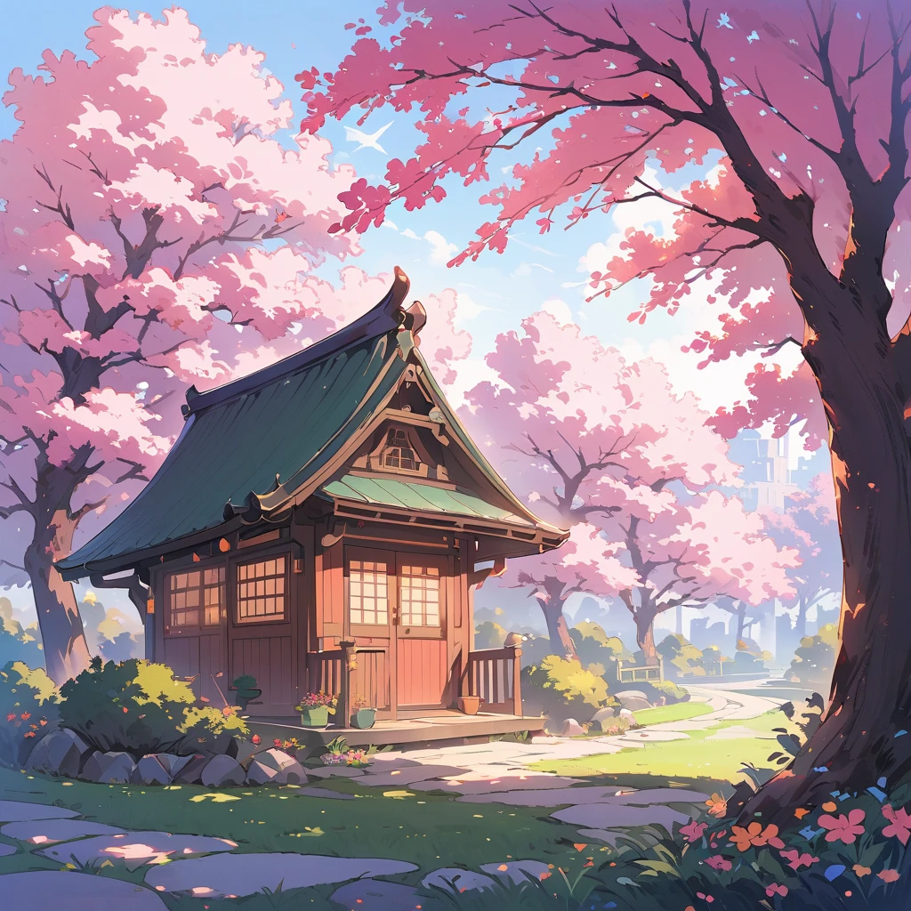 ((Tree house)), super wide shot, illustration, ((blue bonsai pot:1.4, green bonsai:1.1)),(mossy Japanese garden:1.2,(spring atmosphere) background peach color:1.4),((powerful bonsai with large spreading branches:1.3)), illuminated bonsai., cute  、blossom、(highest quality、masterpiece、High resolution、detailed)