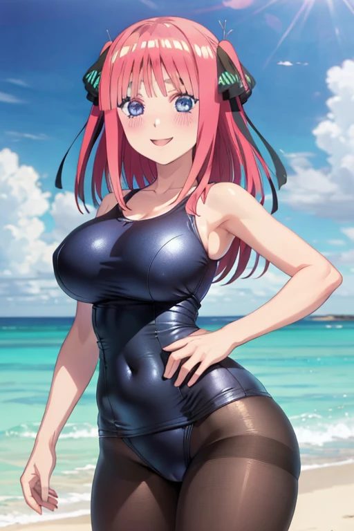 best quality, ultra-detailed masterpiece, anime art style, cute characters, nino nakano, one-piece swimsuit, large breasts, pantyhose, blush, smile