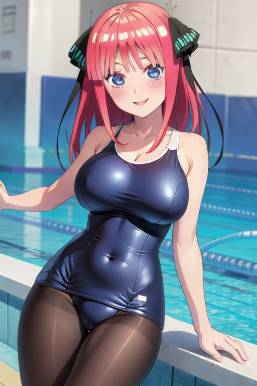 best quality, ultra-detailed masterpiece, anime art style, cute characters, nino nakano, one-piece swimsuit, large breasts, pantyhose, blush, smile