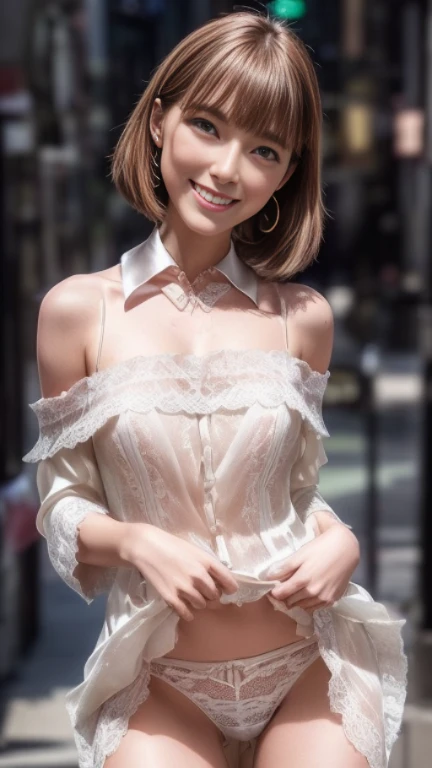 (NSFW),8k, Tabletop, RAW Photos, highest quality, Realistic, Highly detailed CG Unity 8k wallpaper, Depth of written boundary, Cinematic Light, Lens flare, Ray Tracing, (Very beautiful face, Beautiful Lips, Beautiful Eyes), Exquisitely detailed face, ((Highly detailed skin)) One Girl, In the Dark, Deep Shadow, Cute Japanese Girl, J-Pop Idol, 1 girl, (Very slim and slender fit muscular body:1.3), ((View your viewers)),(Big smile:1.3), (Hot pink blouse), (Sleeve Fashion City Night, Dark Night, (Neon Signs), (Blurred Background), Fashion Street Night),(No people in the background:1.3), Beautiful earrings, bracelet, necklace, pantyhose, Clear Eyes, walking, (Pale skin), (Big Eye Ace Forward, ((Shot to the knee)), ((Silk collar dress:1.3)),(Brown Hair),((Tight-fitting off-the-shoulder lace dress)), (See through), (View your viewers:1.3) Open chest, Very slim, Medium chest, back track,((Buckshot)), See through, Medium Butt, mini skirt, Updo, ((Spread your thighs)),((white lace panties)),