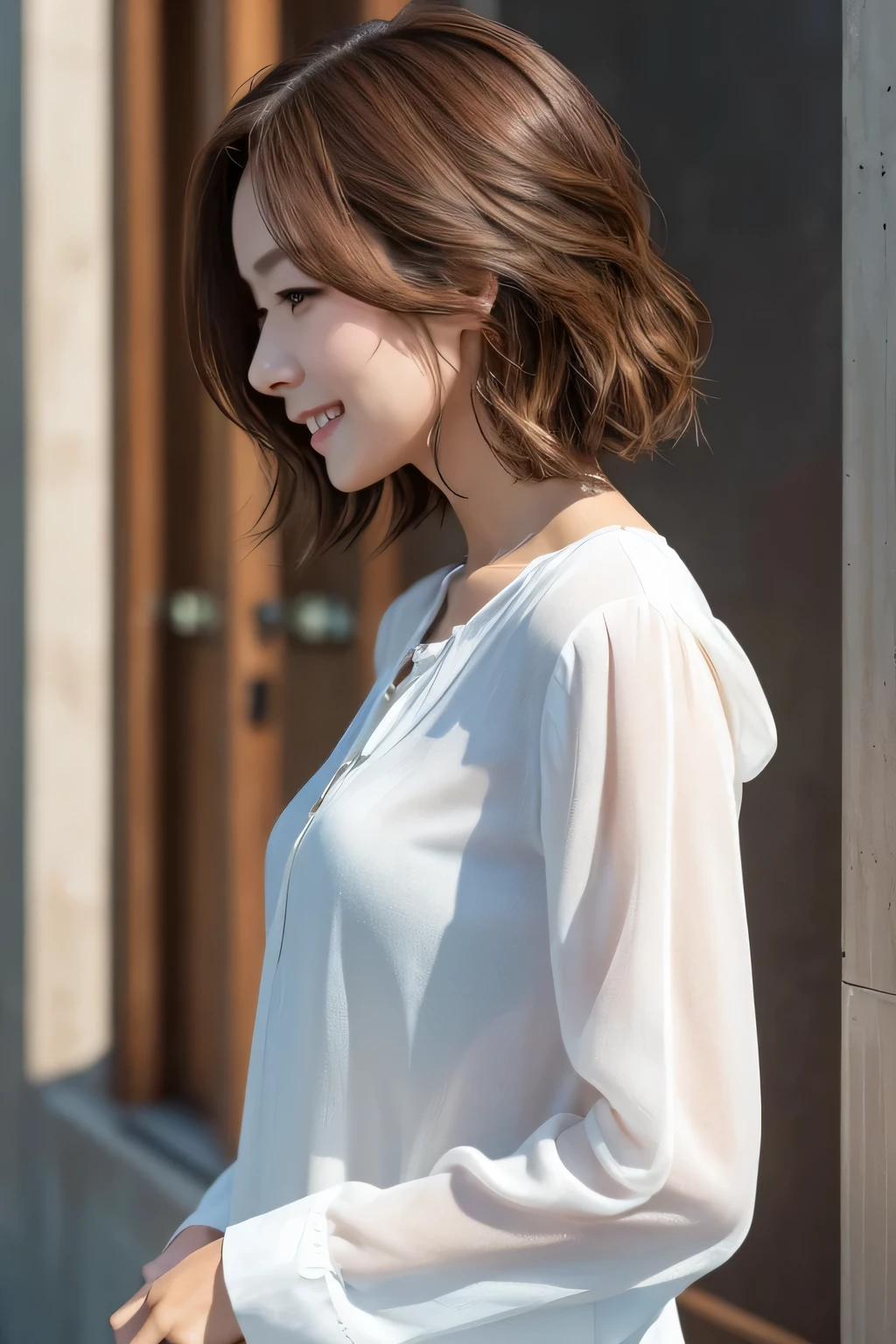 Bob, Chin-length hair, wavy Bobの長さの髪, Chiho, Shoulder-length hair, Shoulder-length hair, Light brown neat hair, Mid-length hair, Chie Yoshii's Style, Medium length hair, Light Brown Hair, 別れたLight Brown Hair,A refreshing long-sleeved white blouse for summer,masterpiece, highest quality, (Highly detailed CG Unity 8k wallpaper), (highest quality),Raw photo,超A high resolution、(Photorealistic:1.4)、Highly detailed and professionally lit smile、Super detailed face、、Golden Hour Lighting,Highly detailed CG Unity 8k,Her profile.Hair with details like in the photo、Hair like a live action,Concrete wall background,Woman with mole