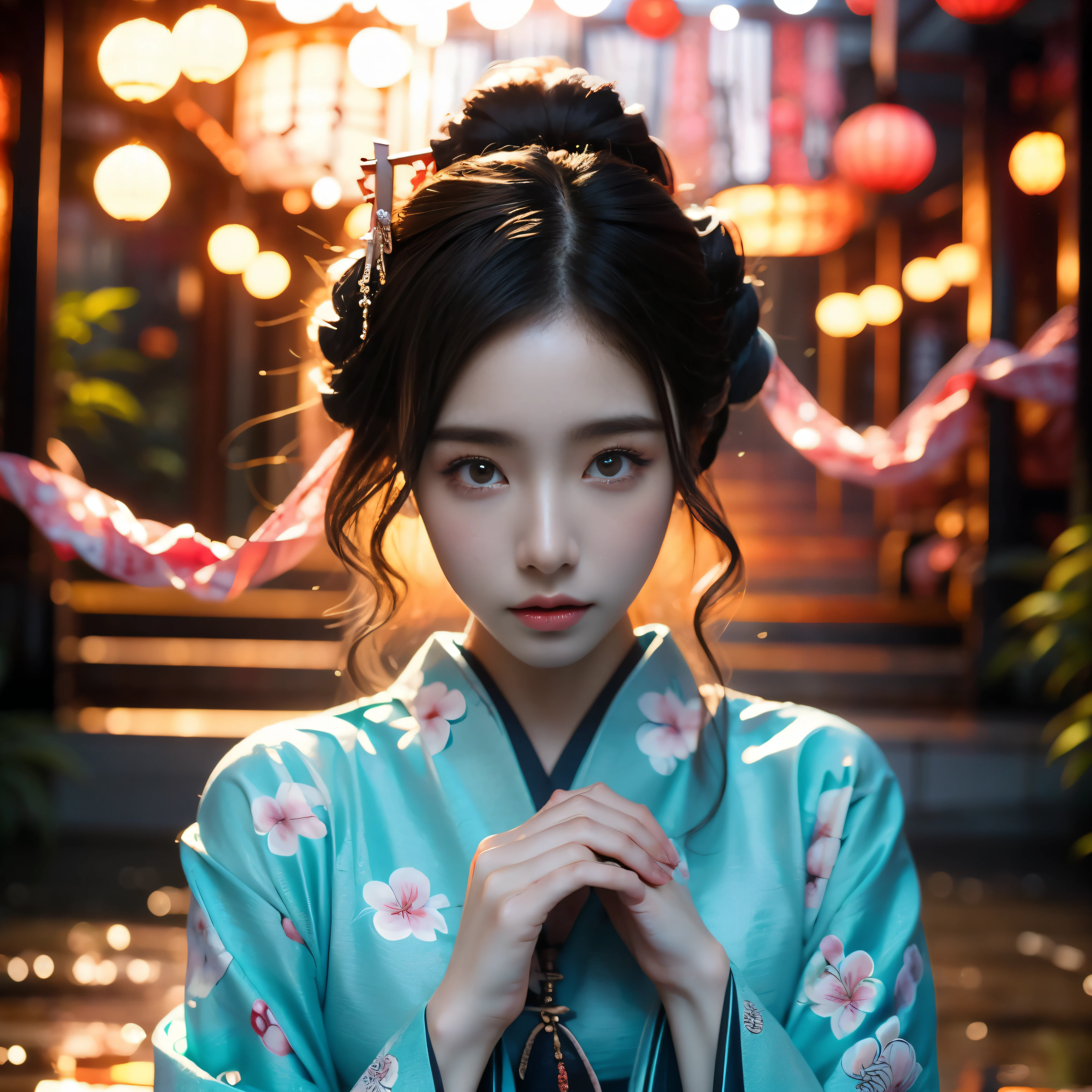 beautiful detailed eyes,beautiful detailed lips,extremely detailed eyes and face,longeyelashes,1girl,traditional kimono,serene expression,flower hairpin,Japanese garden,soft sunlight,floating cherry blossoms,subtle color palette,soft brushstrokes,masterpiece:1.2,ultra-detailed,photorealistic:1.37,portraits,traditional artwork,calm and peaceful ambiance,graceful posture,delicate features,translucent skin,geisha, Samurai girl