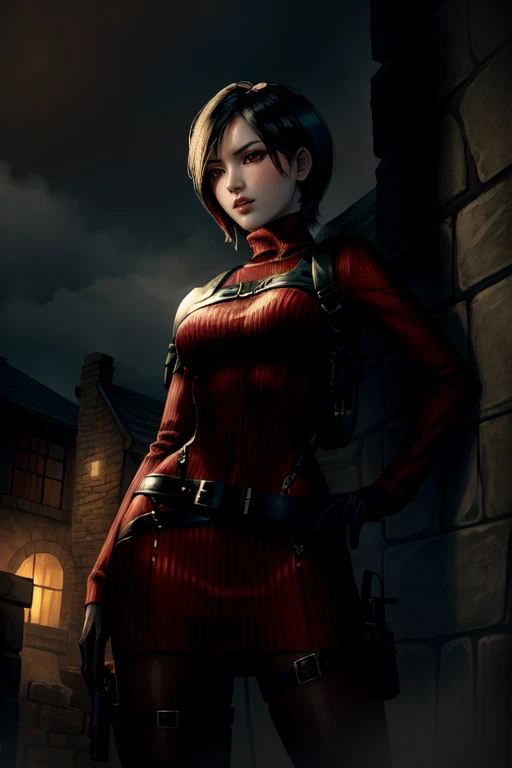 (masterpiece, best quality:1.4), insaneres, absurdres, solo, looking at viewer,BREAK GAME_ResidentEvil4Remake_AdaWong_ownwaifu, 1girl, asian, black hair, short hair, brown eyes, lips, bangs, large breasts, red lips, makeup, lipstick, sweater, dress, gloves, holster, shoulder holster, black gloves, turtleneck, turtleneck sweater, sweater dress, ribbed sweater, long sleeves, harness, belt, red sweater, red dress, (contrapposto, hand on hip), night time, sidelighting, outdoors, depth of field, posing