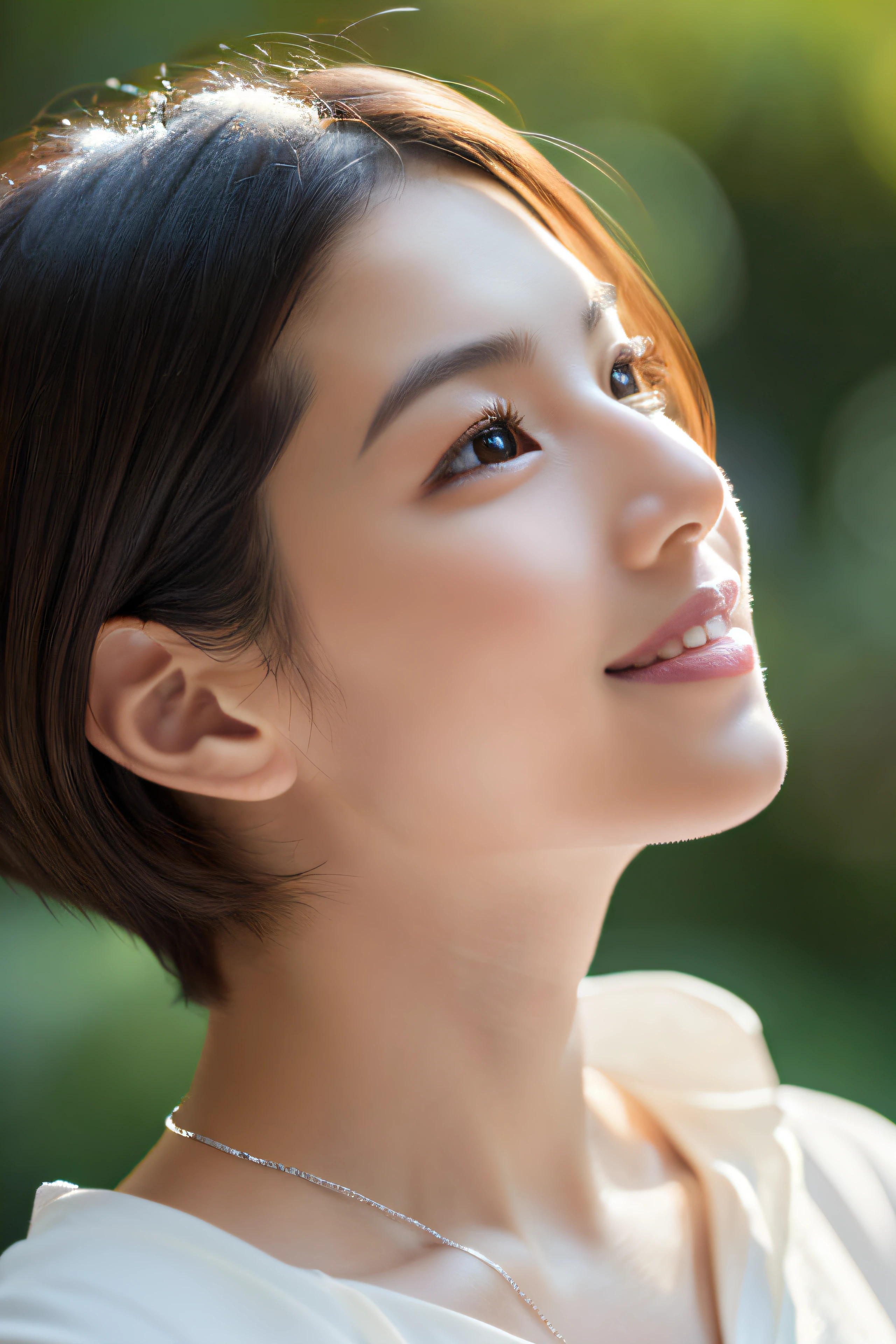 (8K, top-quality, masterpiece:1.3, Ultra-high resolution, Surrealism), High Detail, ((The face looks like real)), Photorealistic, original photo, ((A beautiful woman)), 27 years old, Delicate face, beautiful eyes, Realistic eyes, The eye details are exquisite, (Real skin), Beautiful Skin, Tempting, Depth of Field, high resolution, High pixel count, Clear details, Clear photos, Natural color reproduction, Noise Reduction, High fidelity, quality, Software updates, optimization, Luxury hotel room, Casual Clothes, Dress neatly, Perfect body, Face perfect, Perfect breasts, Perfect Teeth, Perfect teeth arrangement, tiny , Sexy lips, Ears are visible, Look away, Natural perspective, (Don't look the audience in the eye), a smile, Smile kindly, Beautiful Skin, Tempting, Golden Ratio, (Detail production:1.2), Professional lighting, brighten face, The best light, Japanese,Japanese Girls, Photo of a cute Japanese woman, Small necklace, Thin silver necklace, Simple background, (Side photo:1.2), Casual posture, Short hair swaying in the wind