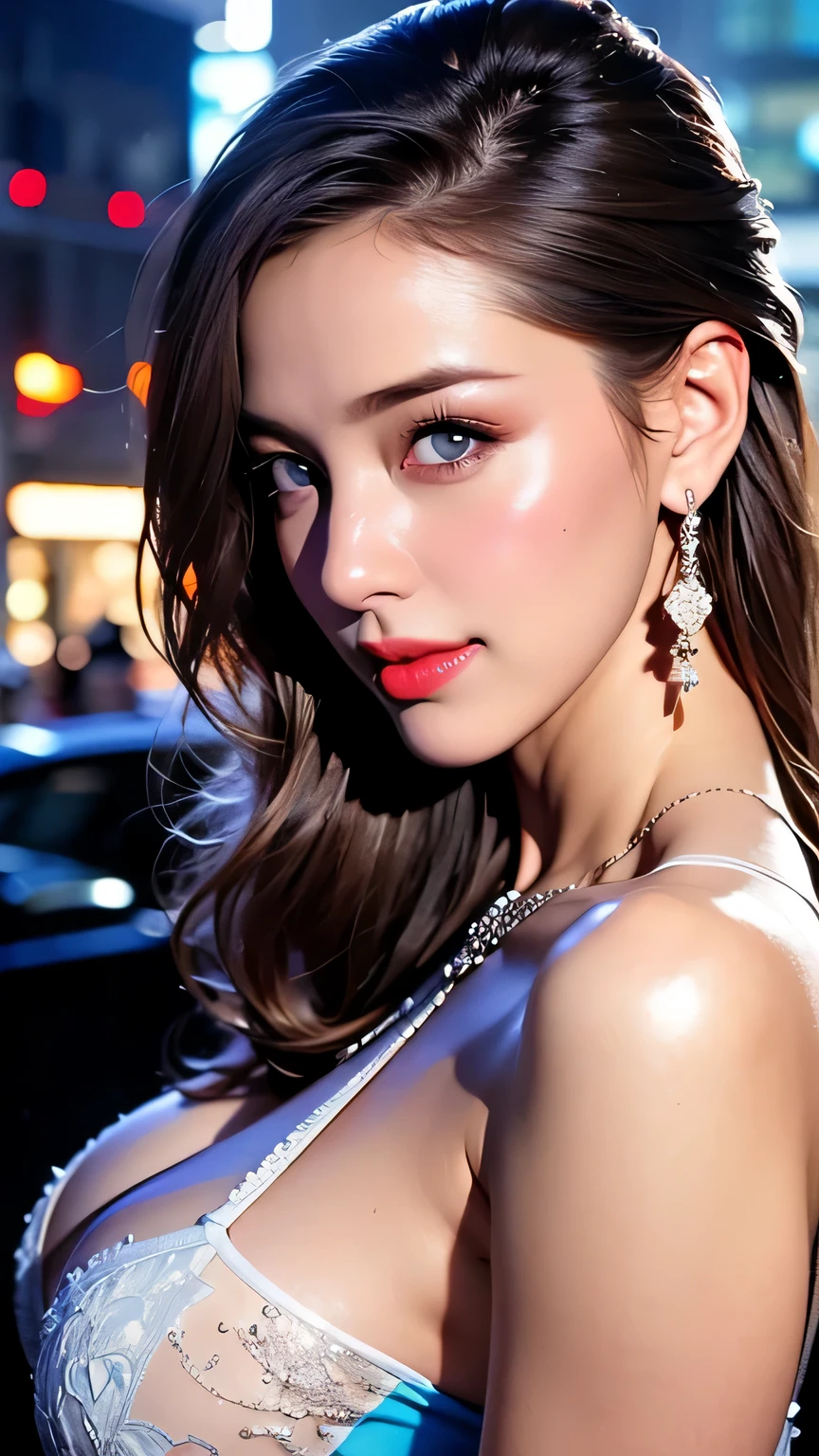 Beautiful city college girl, masterpiece, light makeup, red lips, silver hair, long messy hair, cityscape background, beautiful and elegant. Very fine details, masterpiece, authentic texture, realism of movie lighting, perfect work, 16k, HD, exquisite features, blue eyes, Japanese idol, beautiful face, cute smile, brown hair, beautiful hair, glamorous, Big breasts, big breasts, big breasts, cleavage, erect nipples, greasy muscles, glowing skin, tanned, glowing dark skin, wearing a sexy camisole, front view, big, patchy eyes, smooth skin, earrings , necklace, tattoo