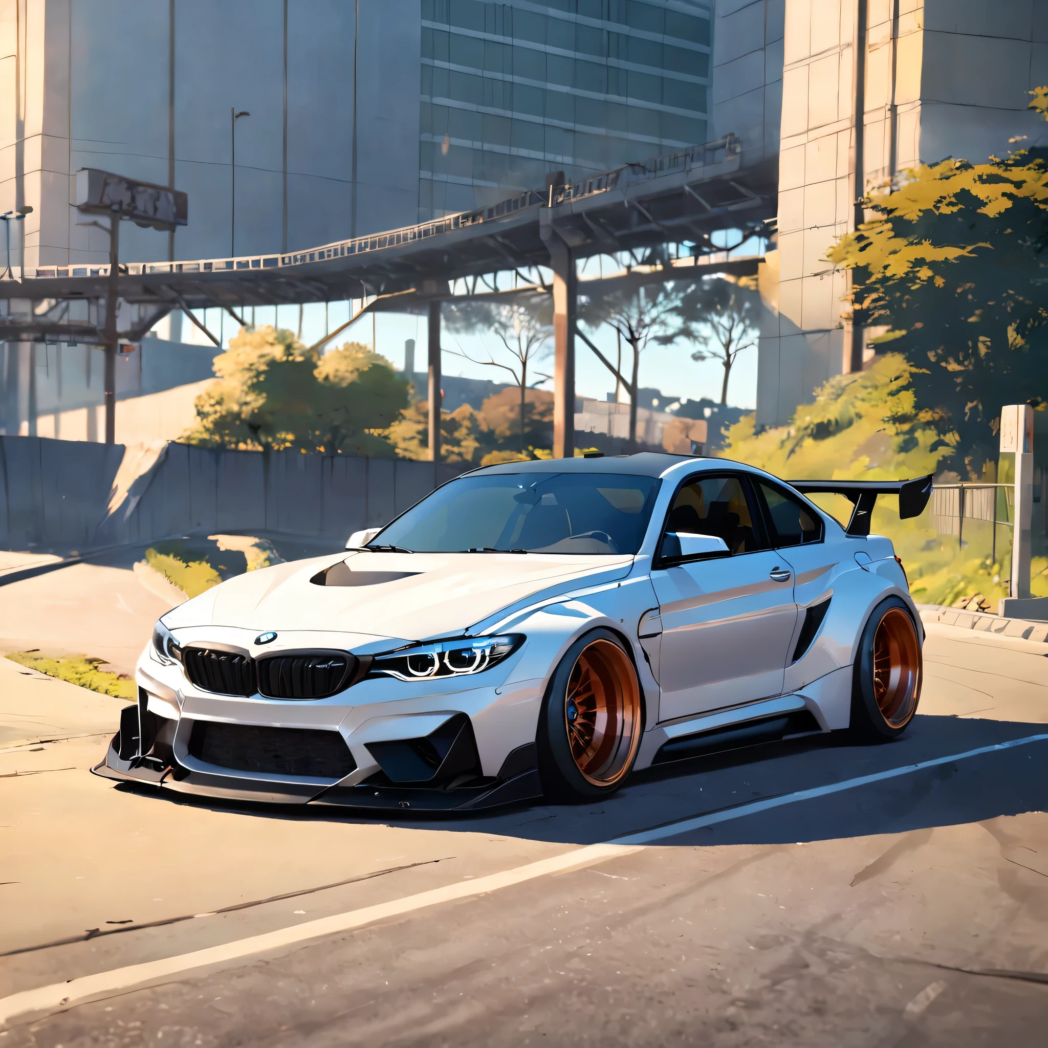 BMW with liberty walk accessories set, riding on the road, In the bright morning