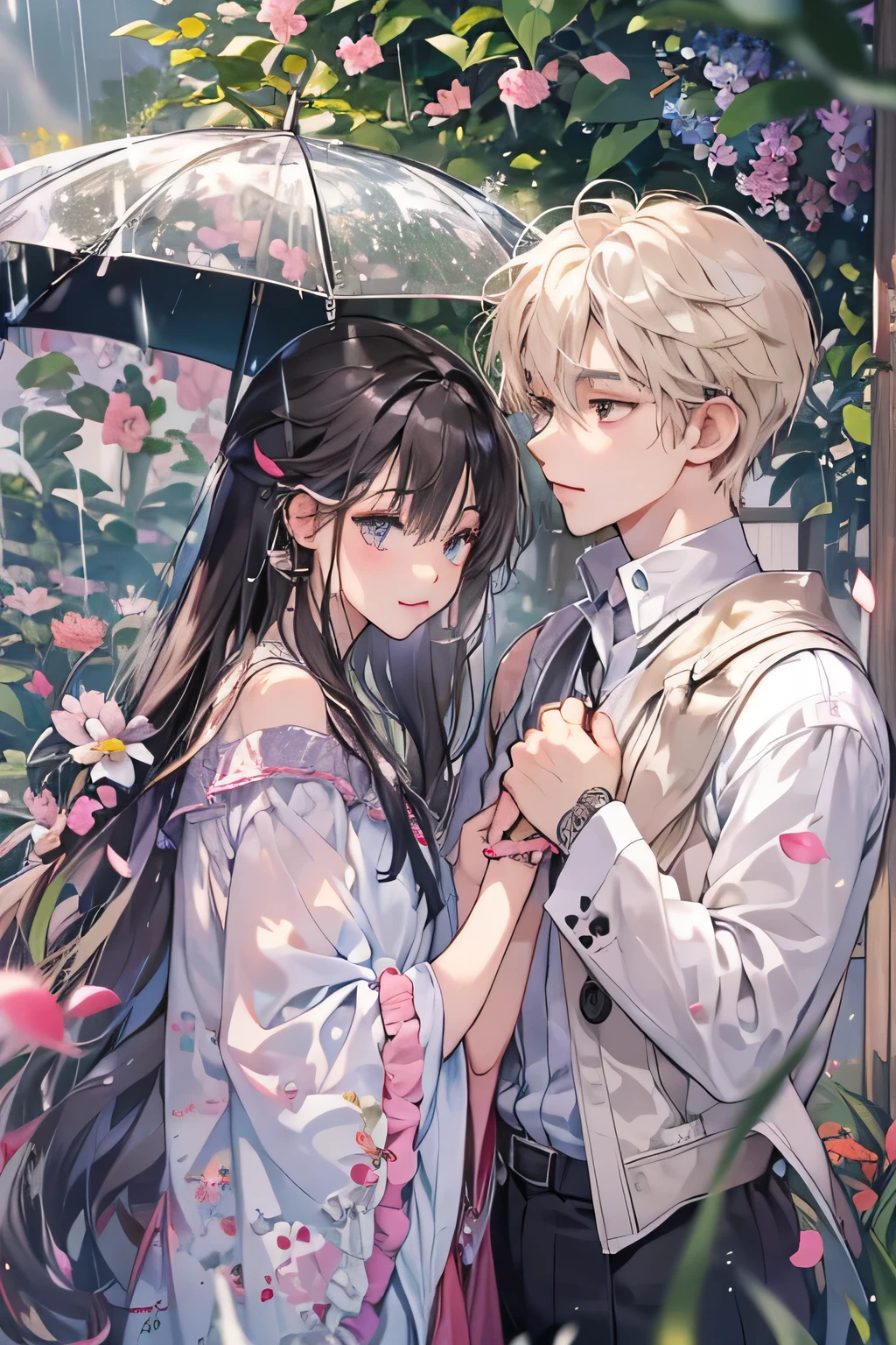 (1.5 SD male and womale, A romantic and sweet encounter, Height difference, light hair color and dark hair color, kiss, rain, garden, Sharp details, high quality),
2 people, One male and one female, with a Height difference, Come join me for a tender and romantic momalet. male&#39;Hair color is light, woman&#39;Medium chest,Hair is black. They find themselves under the gentle patter of rain, Water droplets glitter on your face. Her lips meet his in a passionate kiss, Their faces were filled with love and longing.... The view is blue々Surrounded by the beauty of the garden, Wet ground in the background、The petals are clearly visible