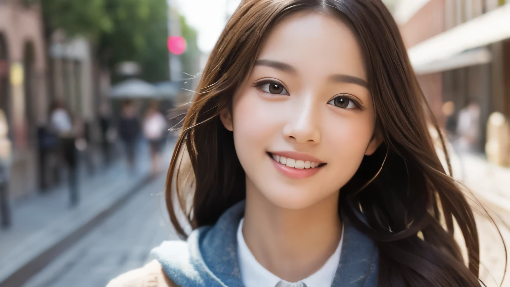 (Realistic: 1.4), (highest quality: 1.4), (Fine grain), Full body shot, ((Blur the background)), ((Looking Up)), ((1 female college student)), Black wavy hair, ((Plain clothes with little exposure)), Wide eyes, Blushed face, ((smile)), ((Walking around town)), Highly detailed face and skin texture, Healthy Skin, 8k resolution