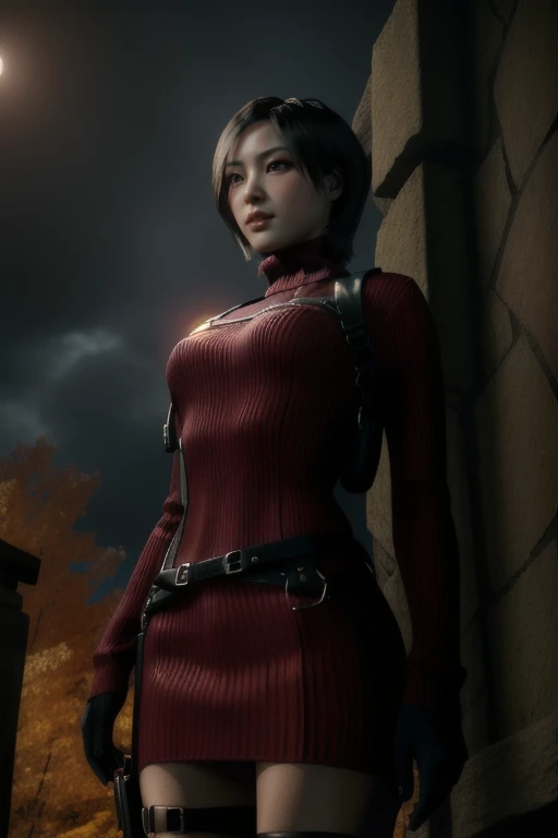 (masterpiece, best quality:1.4), insaneres, absurdres, solo, looking at viewer,BREAK GAME_ResidentEvil4Remake_AdaWong_ownwaifu, 1girl, asian, black hair, short hair, brown eyes, lips, bangs, large breasts, red lips, makeup, lipstick, sweater, dress, gloves, holster, shoulder holster, black gloves, turtleneck, turtleneck sweater, sweater dress, ribbed sweater, long sleeves, harness, belt, red sweater, red dress, (contrapposto, hand on hip), night time, sidelighting, outdoors, depth of field, posing