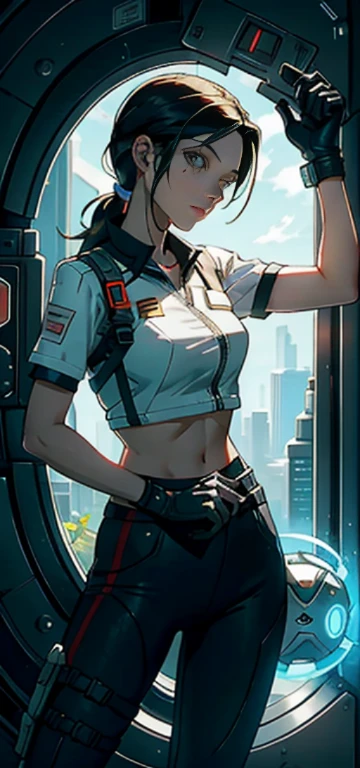 Chell from the game Portal 2, standing in the uniform of the company Aperture Science. She holds a portal pushcube in her hands, with Atlas and P-body next to her