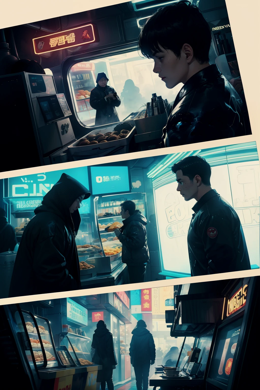 ((highest quality)), ((masterpiece)), (be familiar with), (High definition), (Accurate), (Realistic), (Cinematic), (Best Shadow), (Low contrast), (8K), Perfect Face, ((SYD MEAD style)), manga、mangaデザイン、Storyboard、Frame division、((A female Replicant is talking to a shopkeeper and Udon.))、((Replicant, Black Hair, very short hair, Blue Eyes)), (Black hooded raincoat)、((Udonya food stall))、((Skinny old man, Wrinkles between the eyebrows)), Glittering neon signs、congestion, congestion, Decadent Future City, NEO TOKYO, A.D.2051, (steam:1.2), It's raining white, evening, (Close-up of two faces, Bust Shot)