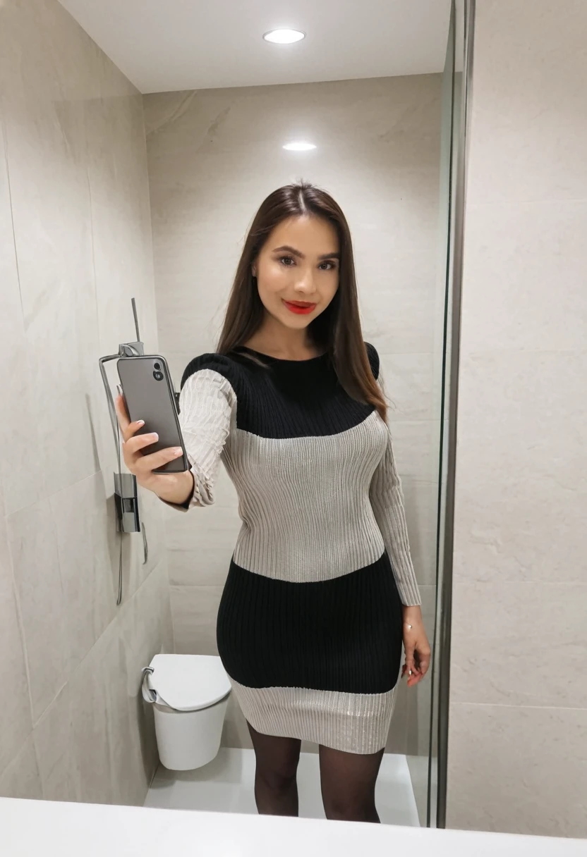Office lady wearing a knit dress,Selfie in the bathroom