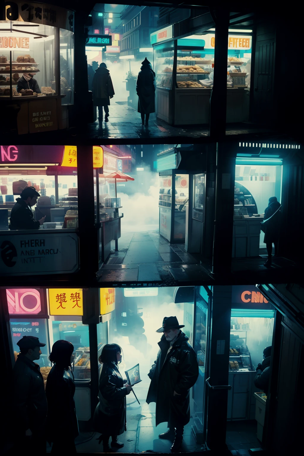 ((highest quality)), ((masterpiece)), (be familiar with), (High definition), (Accurate), (Realistic), (Cinematic), (Best Shadow), (Low contrast), (8K), Perfect Face, ((SYD MEAD style)), manga、mangaデザイン、Storyboard、Frame division、((A female Replicant is talking to a shopkeeper and Udon.))、((Replicant, Black Hair, very short hair, Blue Eyes)), (Black hooded raincoat)、((Udonya food stall))、((Skinny old man, Wrinkles between the eyebrows)), Glittering neon signs、congestion, congestion, Decadent Future City, NEO TOKYO, A.D.2051, (steam:1.2), It's raining white, evening, (Close-up of two faces, Bust Shot)