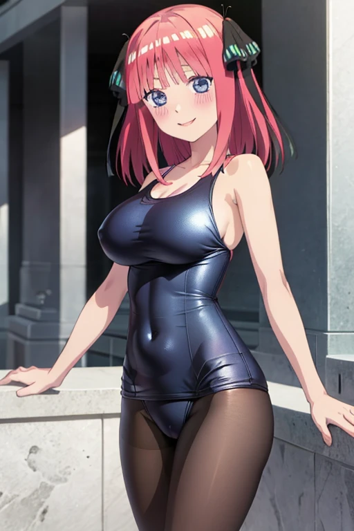 best quality, ultra-detailed masterpiece, anime art style, cute characters, nino nakano, one-piece swimsuit, large , pantyholush, smile