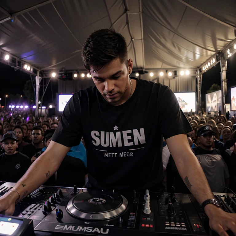Large event with electronic music tent with a large audience, dj con camiseta llamada ELITE